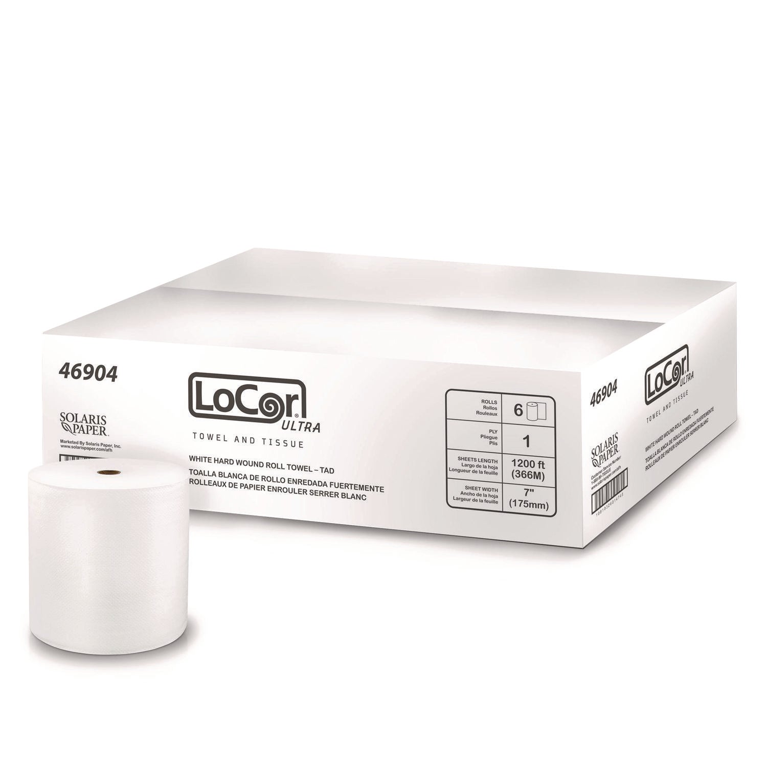 LoCor Ultra Hard Wound Roll Towels, 1 Ply, 7" x 1200 ft, Bright White, Virgin Fiber, 1 Carton