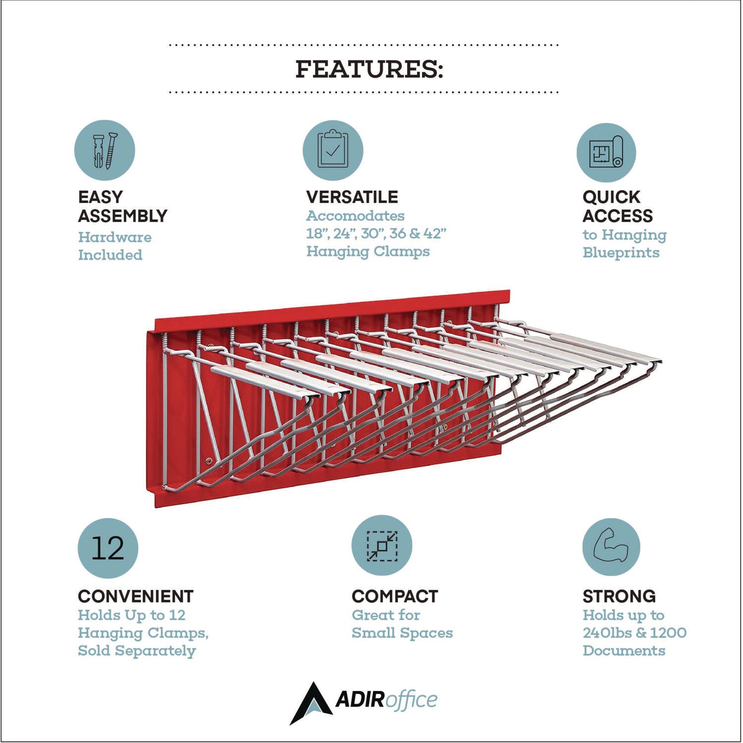 Large File Blueprint Pivot Wall Rack, Assorted Document Sizes Accommodated, 11" x 15.8" x 23.9", Red