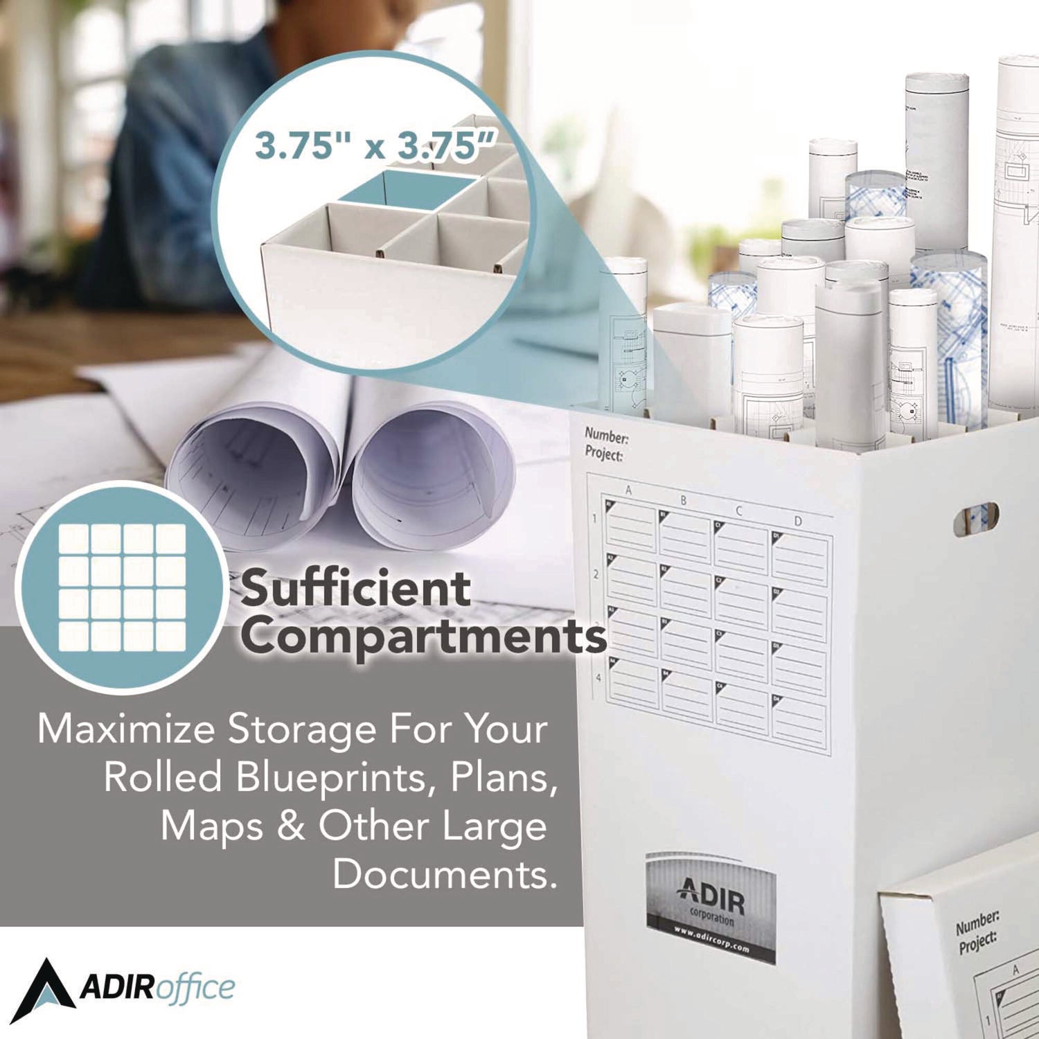 16 Slot Blueprint Rolled File Upright Storage Box, 16 Compartments, 17.5 x 17.5 x 37, White