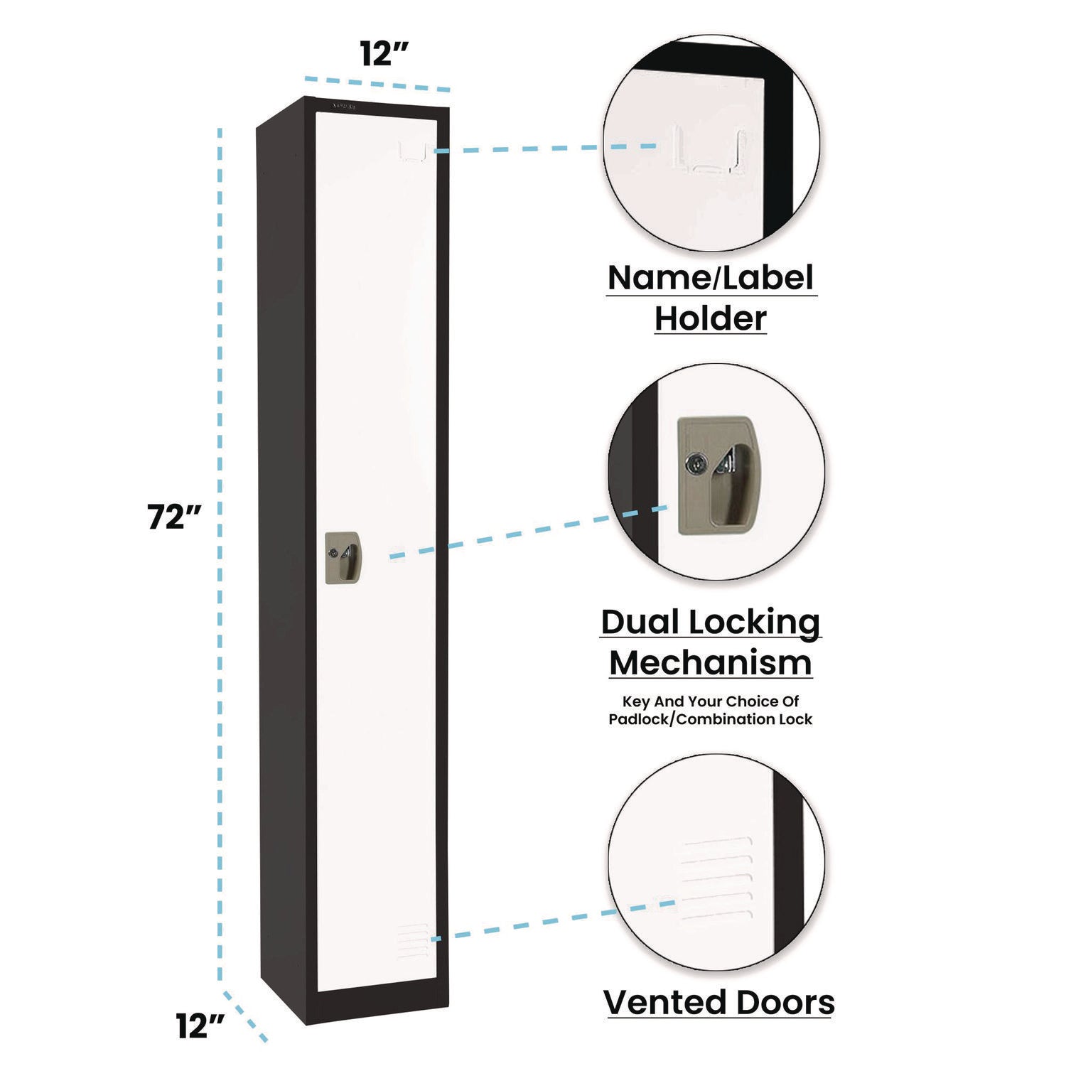 Steel Storage Locker, 1 Compartment, 12 x 12 x 72, Black Body/White Doors
