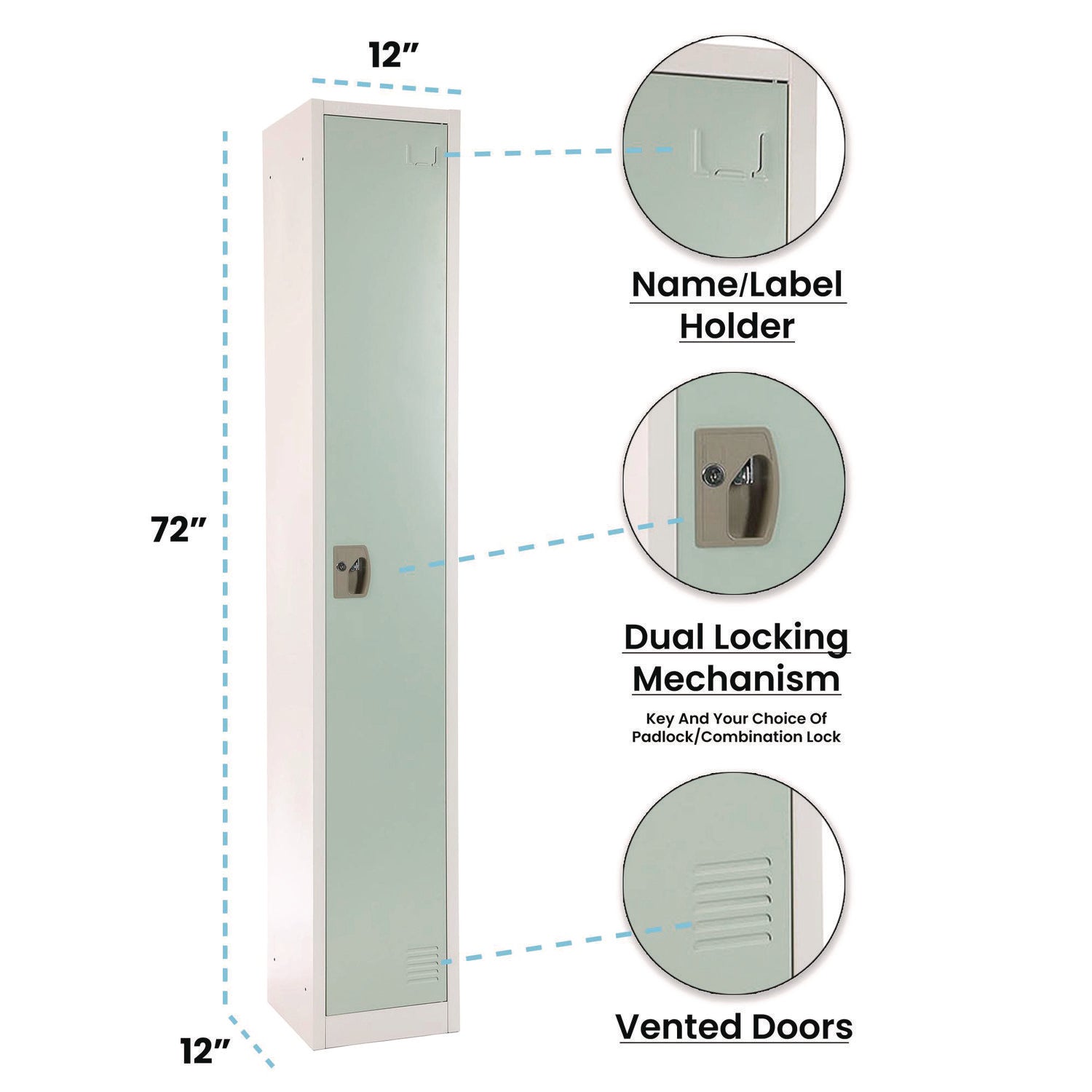 Steel Storage Locker, 1 Compartment, 12 x 12 x 72, Misty Green