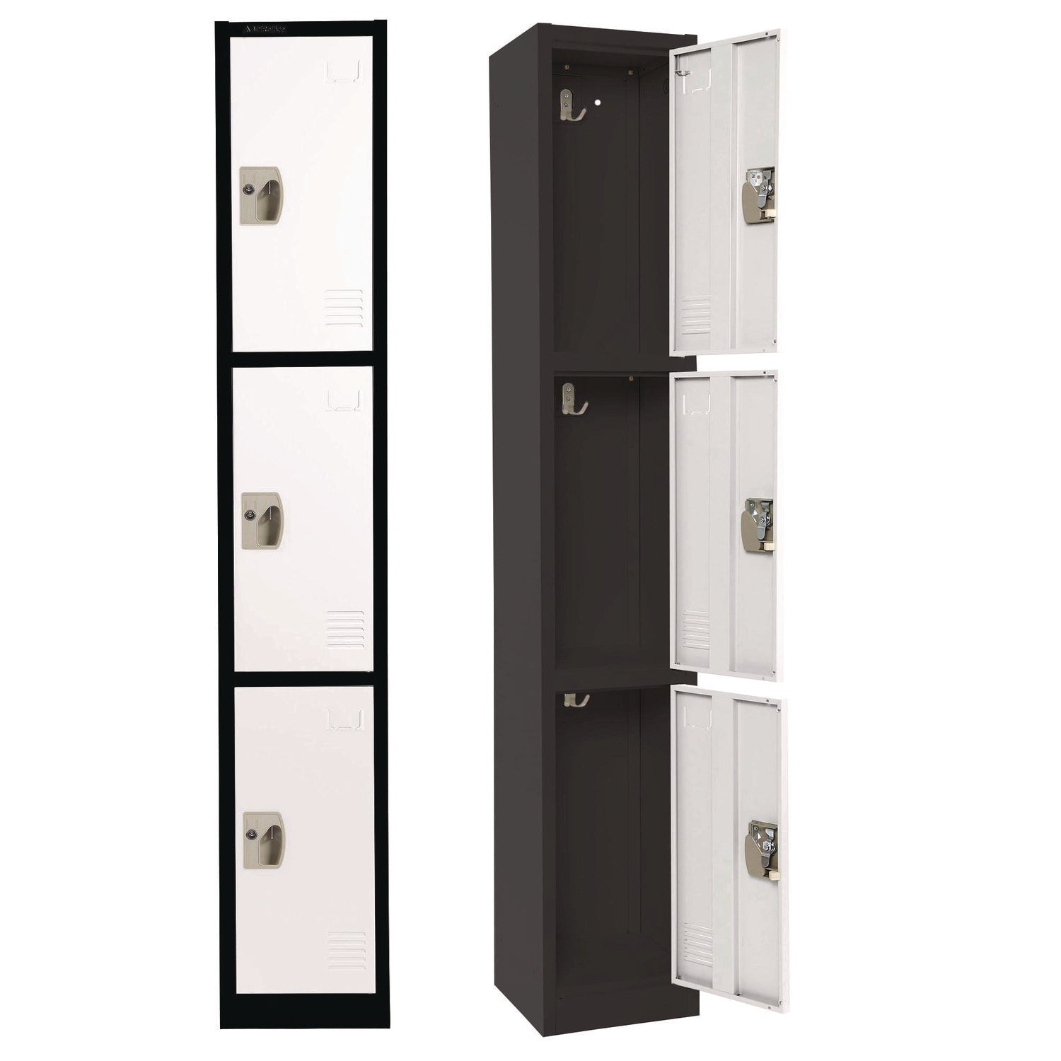 Steel Storage Locker, 3 Compartment, 12 x 12 x 72, Black Body/White Doors