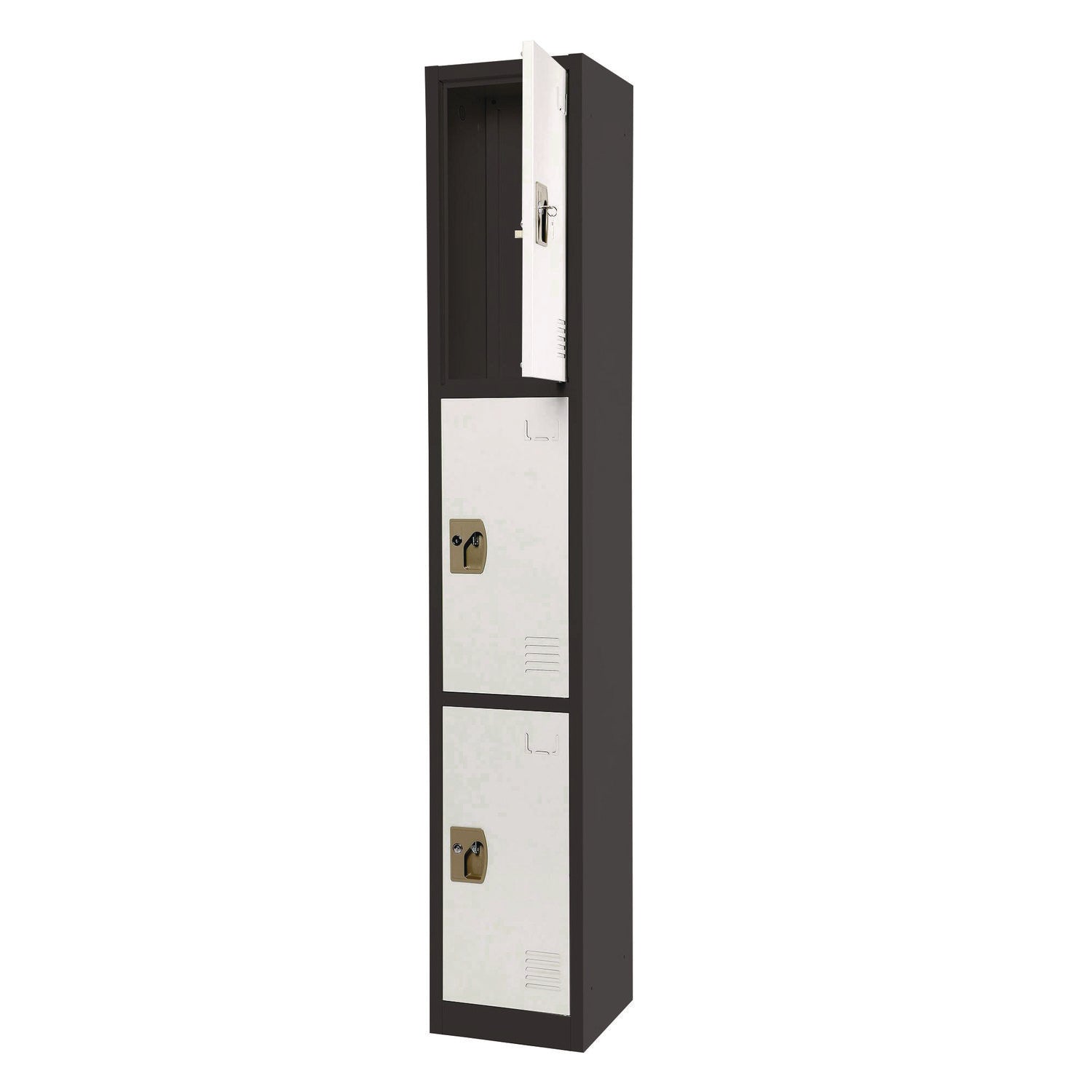 Steel Storage Locker, 3 Compartment, 12 x 12 x 72, Black Body/White Doors