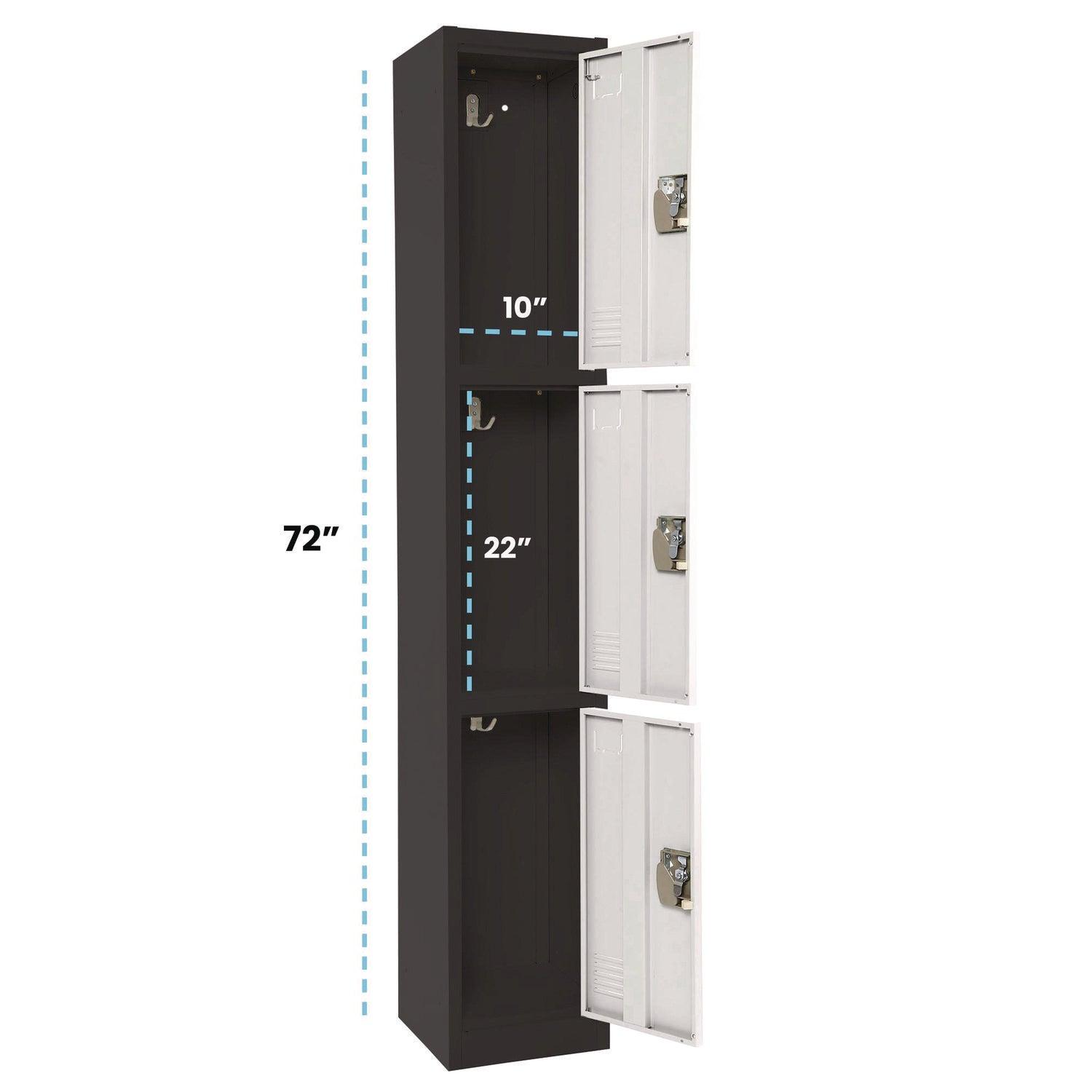 Steel Storage Locker, 3 Compartment, 12 x 12 x 72, Black Body/White Doors