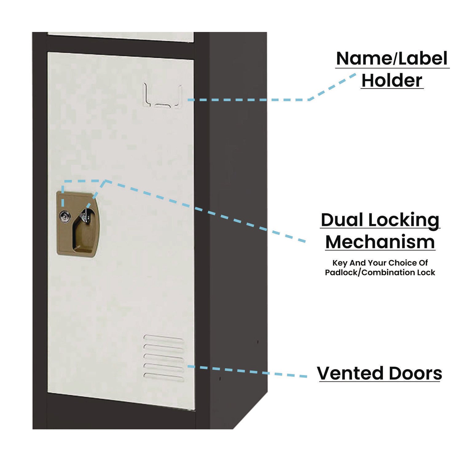 Steel Storage Locker, 3 Compartment, 12 x 12 x 72, Black Body/White Doors