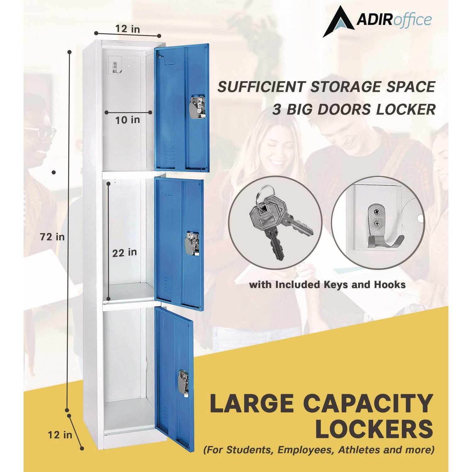 Steel Storage Locker, 3 Compartment, 12 x 12 x 72, Blue
