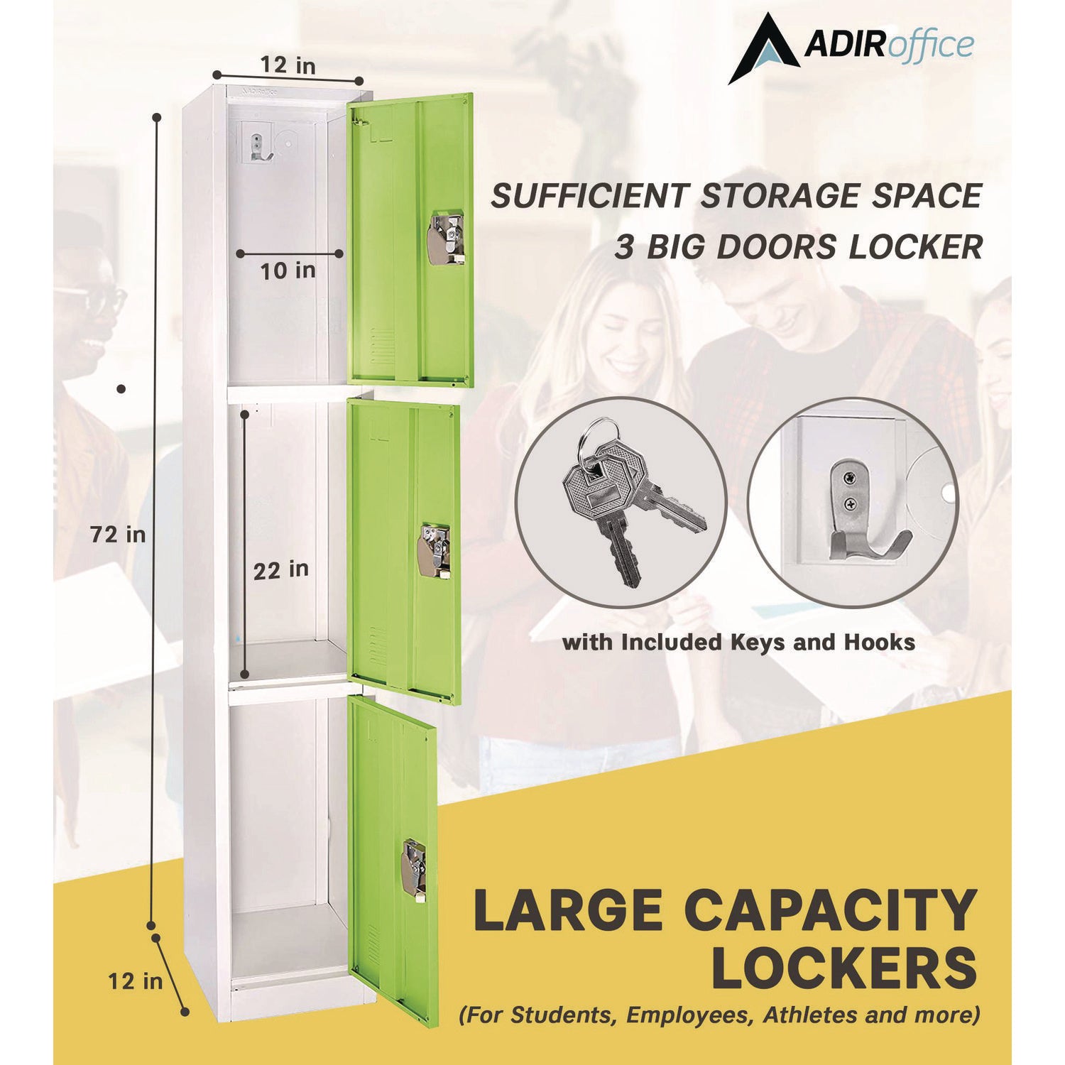 Steel Storage Locker, 3 Compartment, 12 x 12 x 72, Green