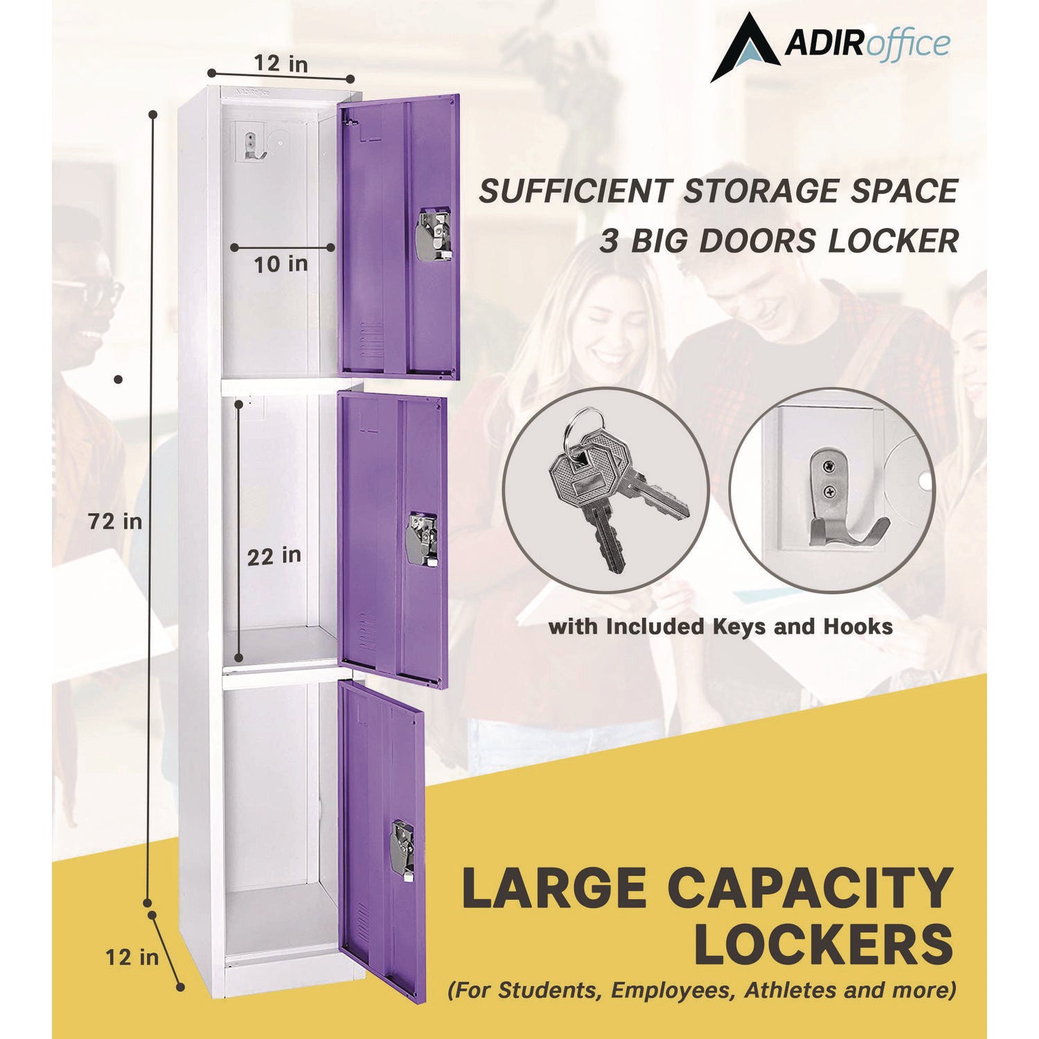 Steel Storage Locker, 3 Compartment, 12 x 12 x 72, Purple