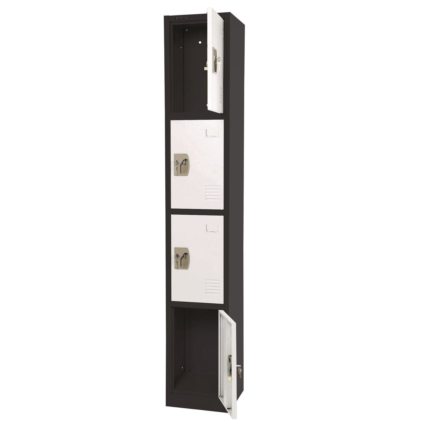 Steel Storage Locker, 4 Compartment, 12 x 12 x 72, Black Body/White Doors