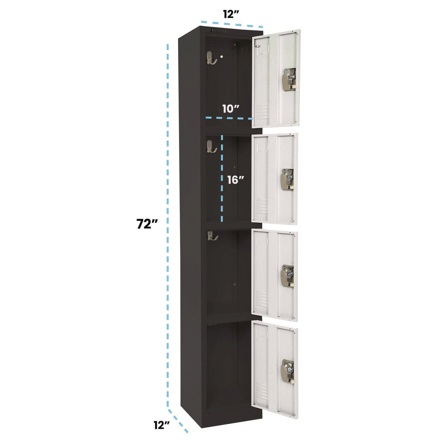 Steel Storage Locker, 4 Compartment, 12 x 12 x 72, Black Body/White Doors
