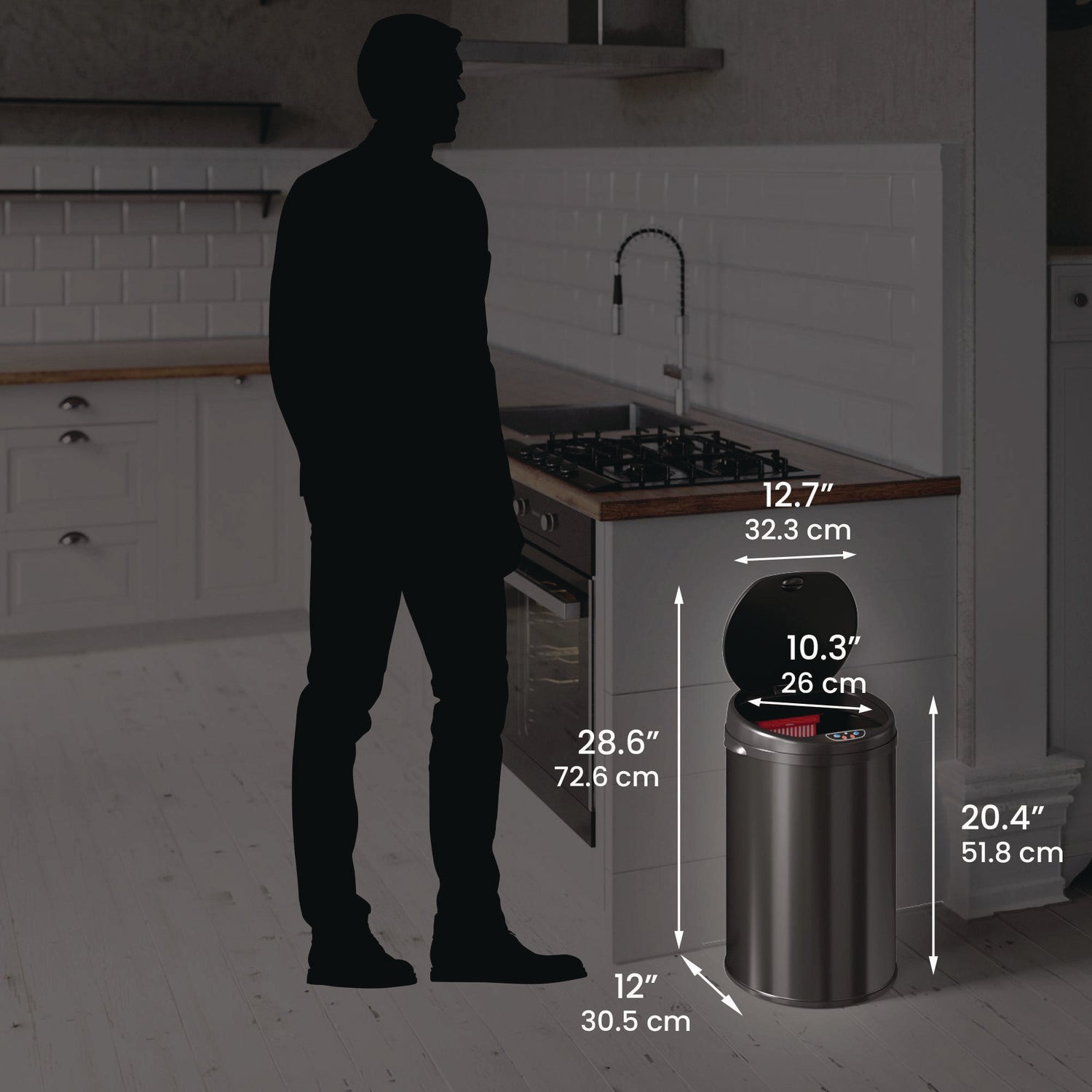 Sensor Trash Can, 8 gal, Plastic/Stainless Steel, Black
