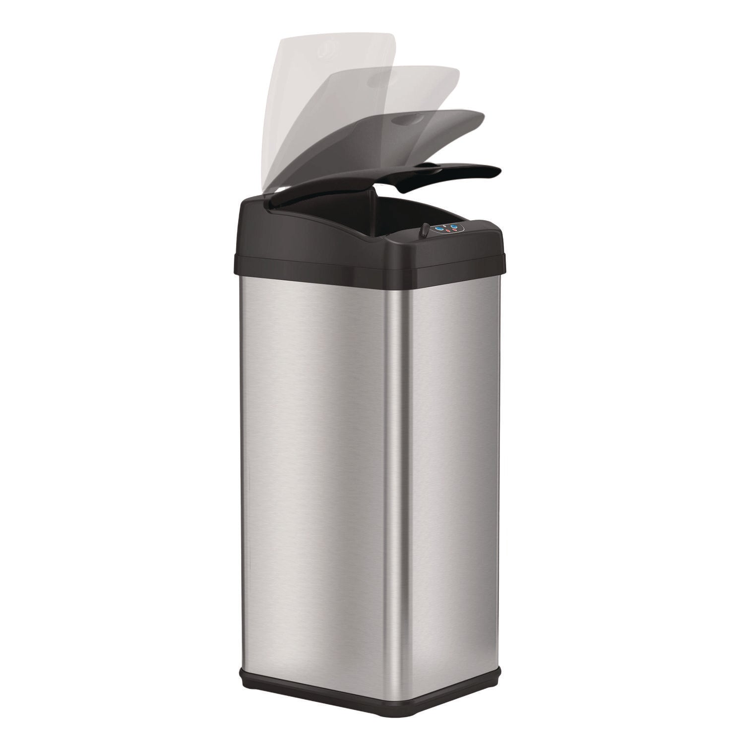 Sensor Trash Can, Rectangular, 13 gal, Plastic/Stainless Steel, Silver