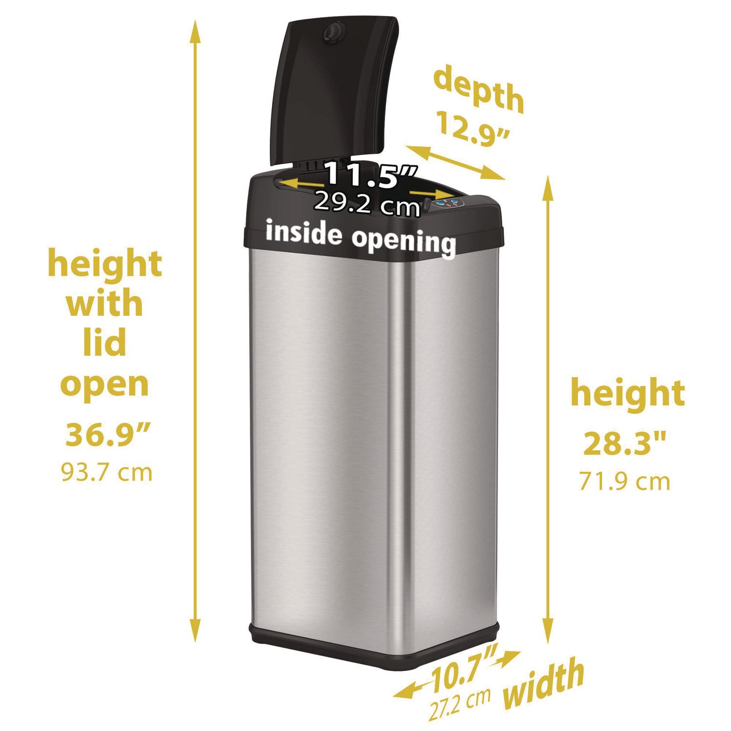 Sensor Trash Can, Rectangular, 13 gal, Plastic/Stainless Steel, Silver