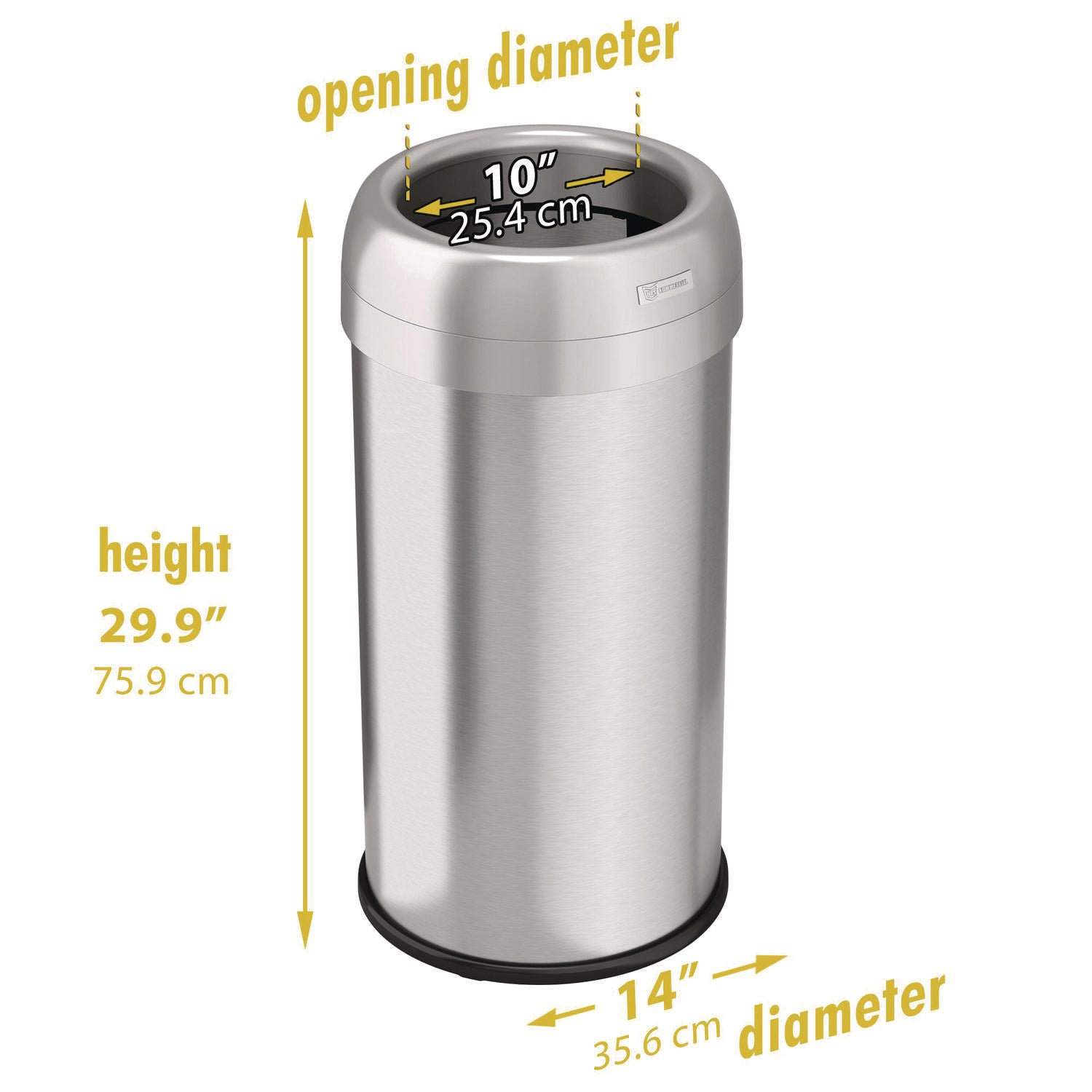 Open Top Trash Can, Round, 16 gal, Plastic/Stainless Steel, Silver