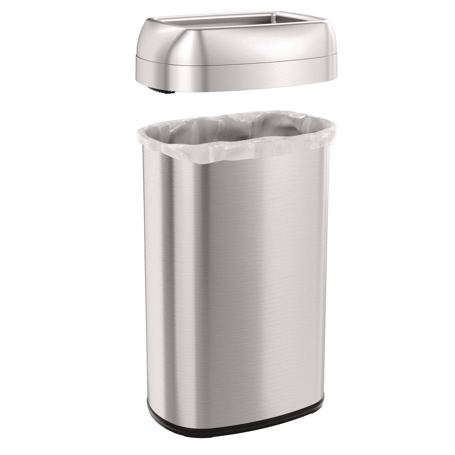 Open Top Trash Can, Oval, 16 gal, Plastic/Stainless Steel, Silver