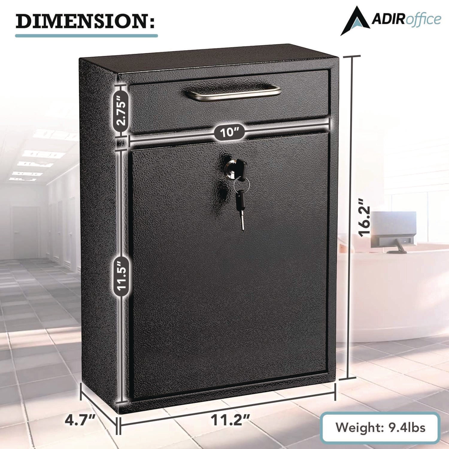 Large Ultimate Secure Drop Box Wall Mounted Mail Box, 11.2 x 4.7 x 16.2, Black