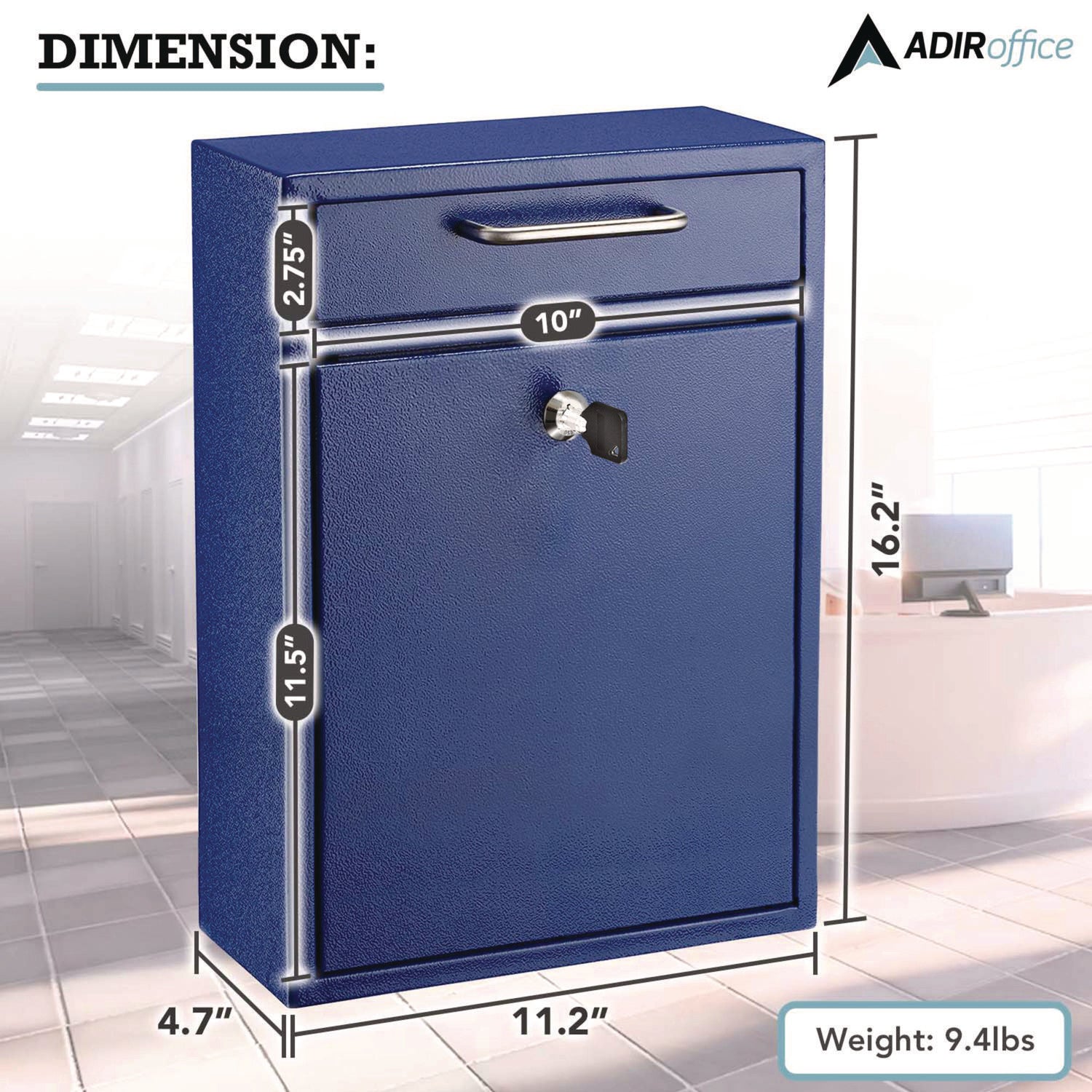 Large Ultimate Secure Drop Box Wall Mounted Mail Box, 11.2 x 4.7 x 16.2, Blue