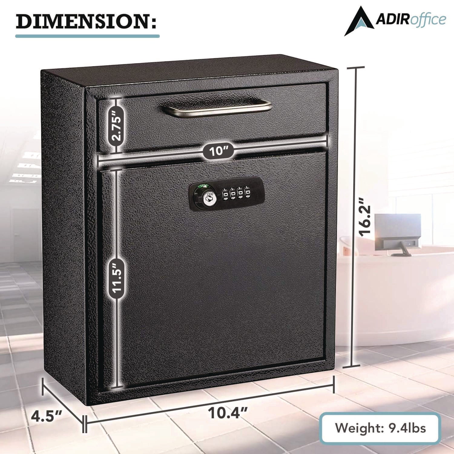 Medium Secure Drop Box Wall Mounted Locking Mail Box with Key and Combination Lock, 10.51 x 4.72 x 12, Black