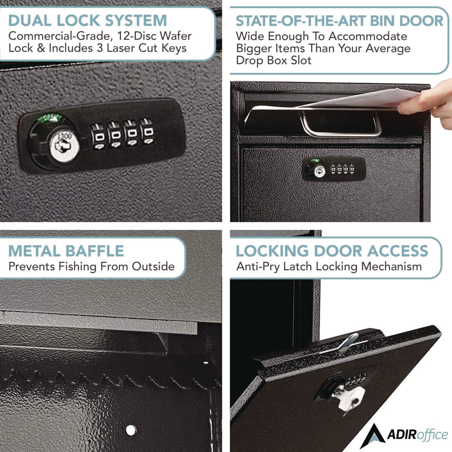 Medium Secure Drop Box Wall Mounted Locking Mail Box with Key and Combination Lock, 10.51 x 4.72 x 12, Black