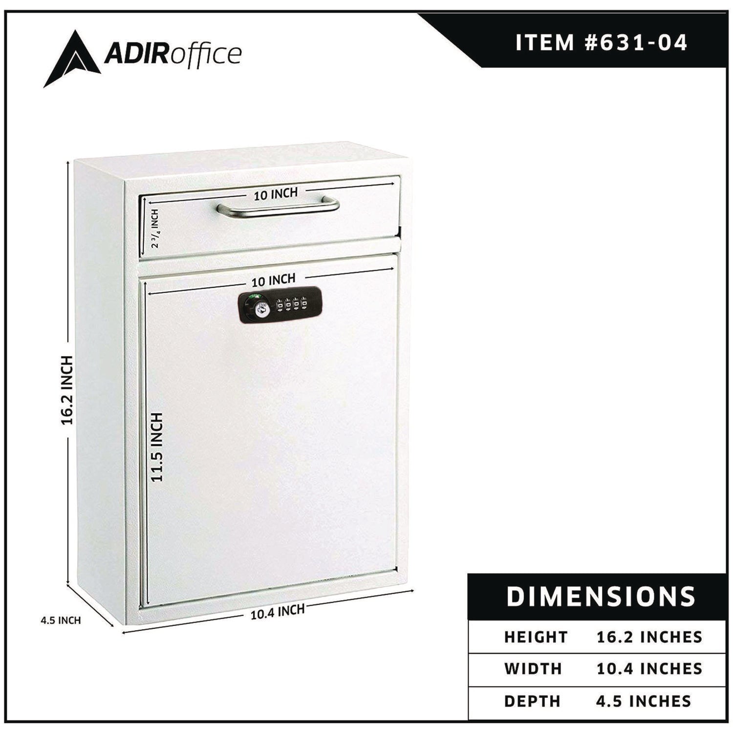 Large Secure Drop Box Wall Mounted Locking Mail Box with Key and Combination lock, 11.2 x 4.7 x 16.2, White