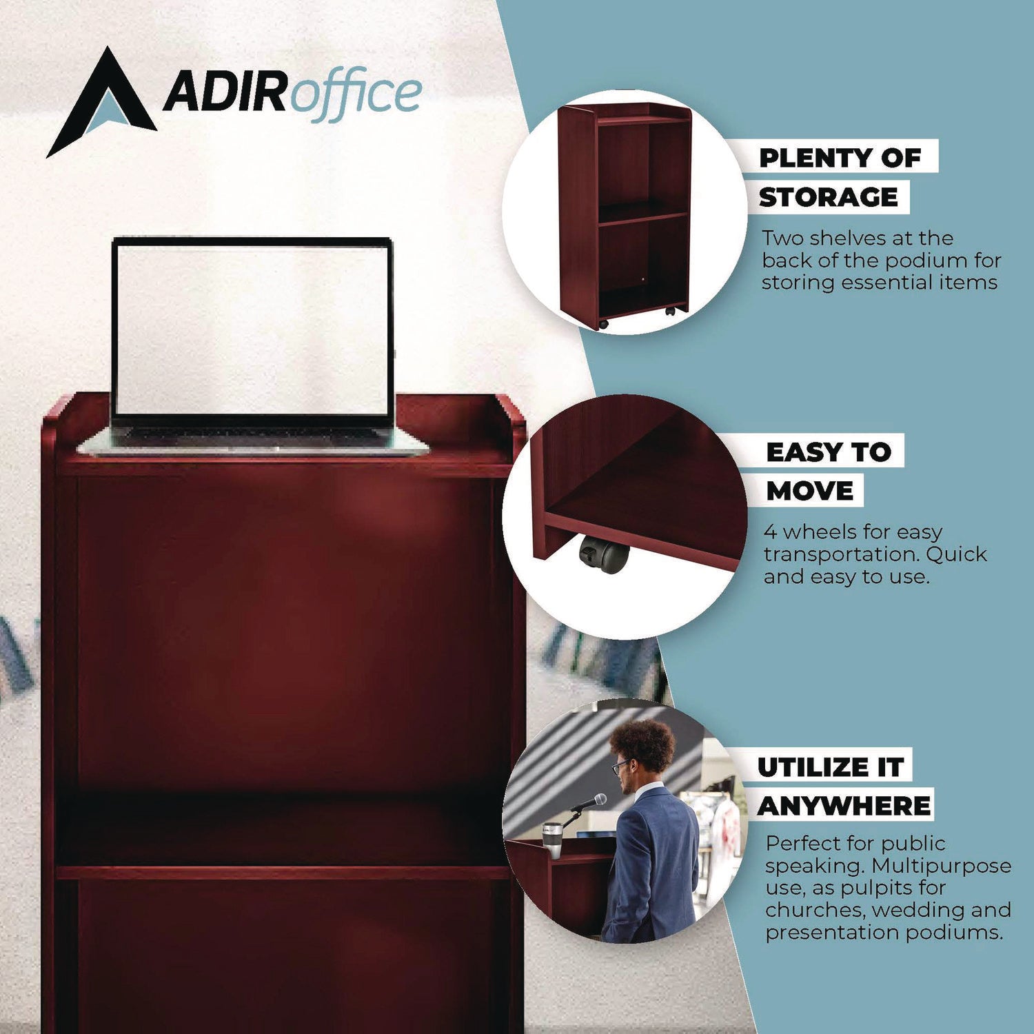 Wood Mobile Presentation Lectern Speaker Stand with Shelves, 22.44 x 16.53 x 45.98, Mahogany