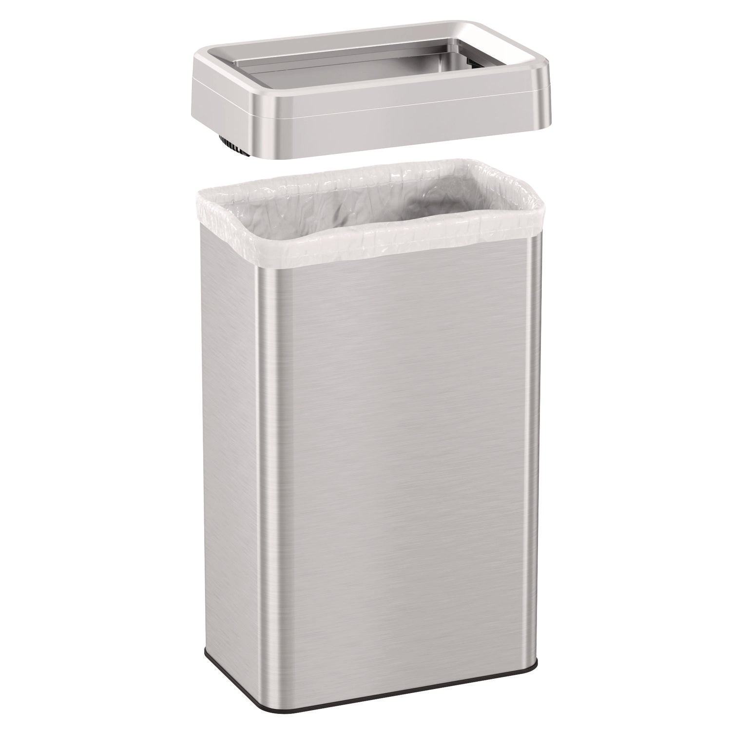 Open Top Trash Can, Rectangular, 18 gal, Plastic/Stainless Steel, Silver