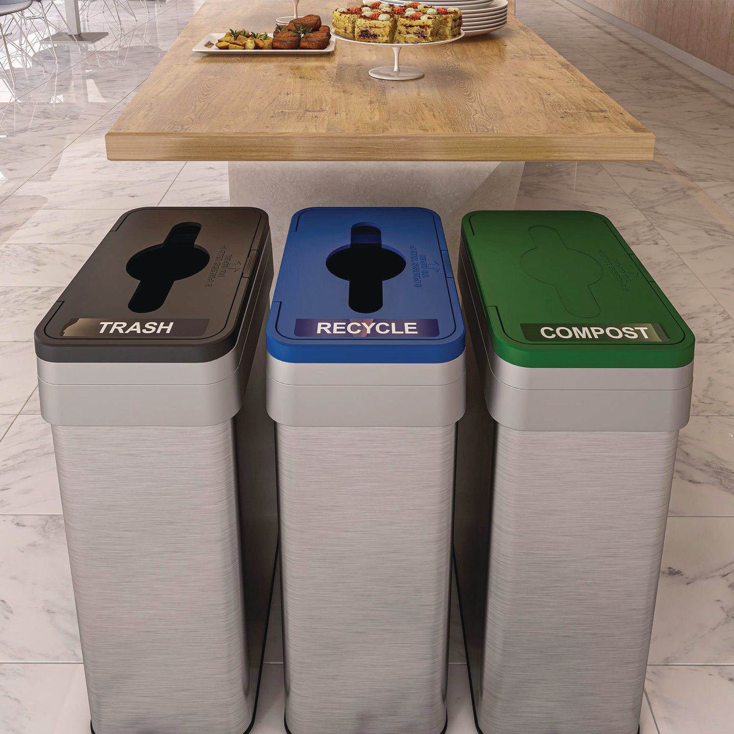 Open Top Trash Bin with Wheels and Color-Coded Lid, 21 gal, Plastic/Stainless Steel, Silver/Black