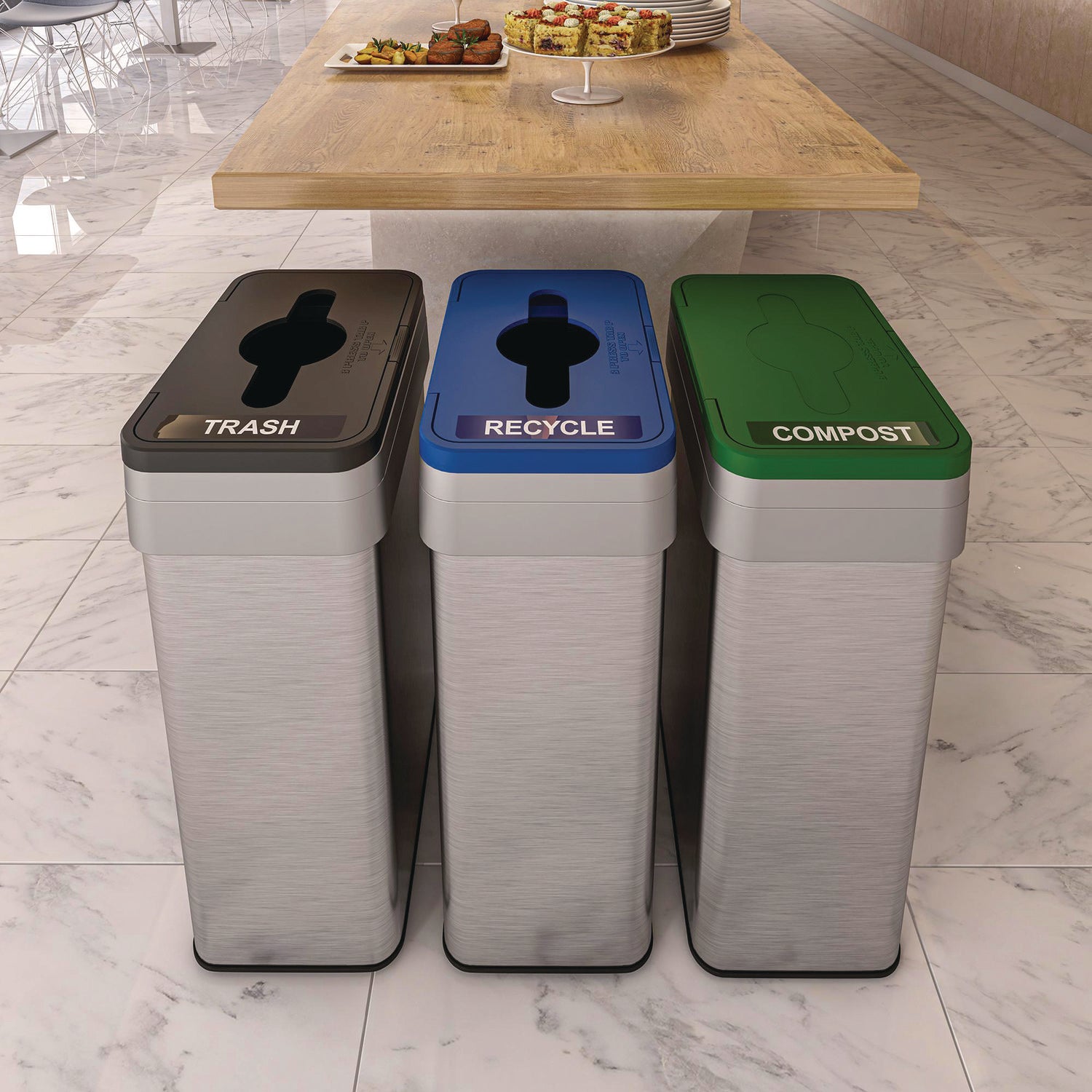 Open Top Trash Can/Recycle Bin/Compost Bin w/Color-Coded Lids Set, 21 gal, Plastic/Stainless Steel, Silver/Black/Blue/Green