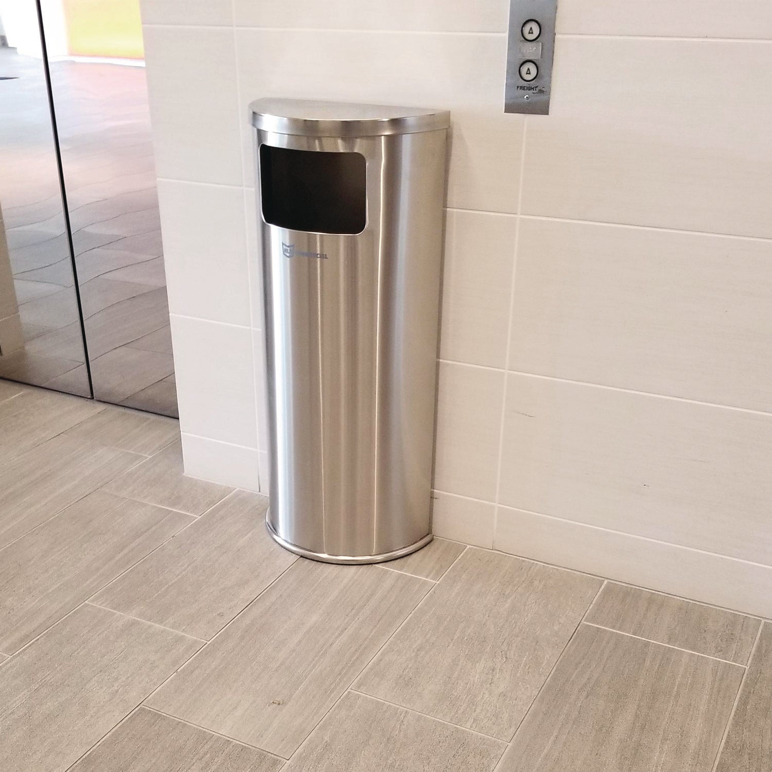 Side-Entry Trash Can with Wall Mount, 9 gal, Stainless Steel, Silver