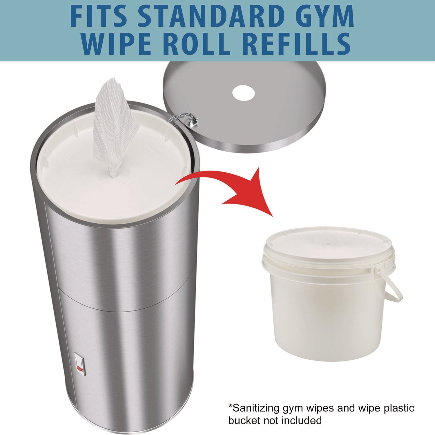 Side-Entry Trash Can with Gym Wipe Dispenser, 9 gal, Stainless Steel, Silver