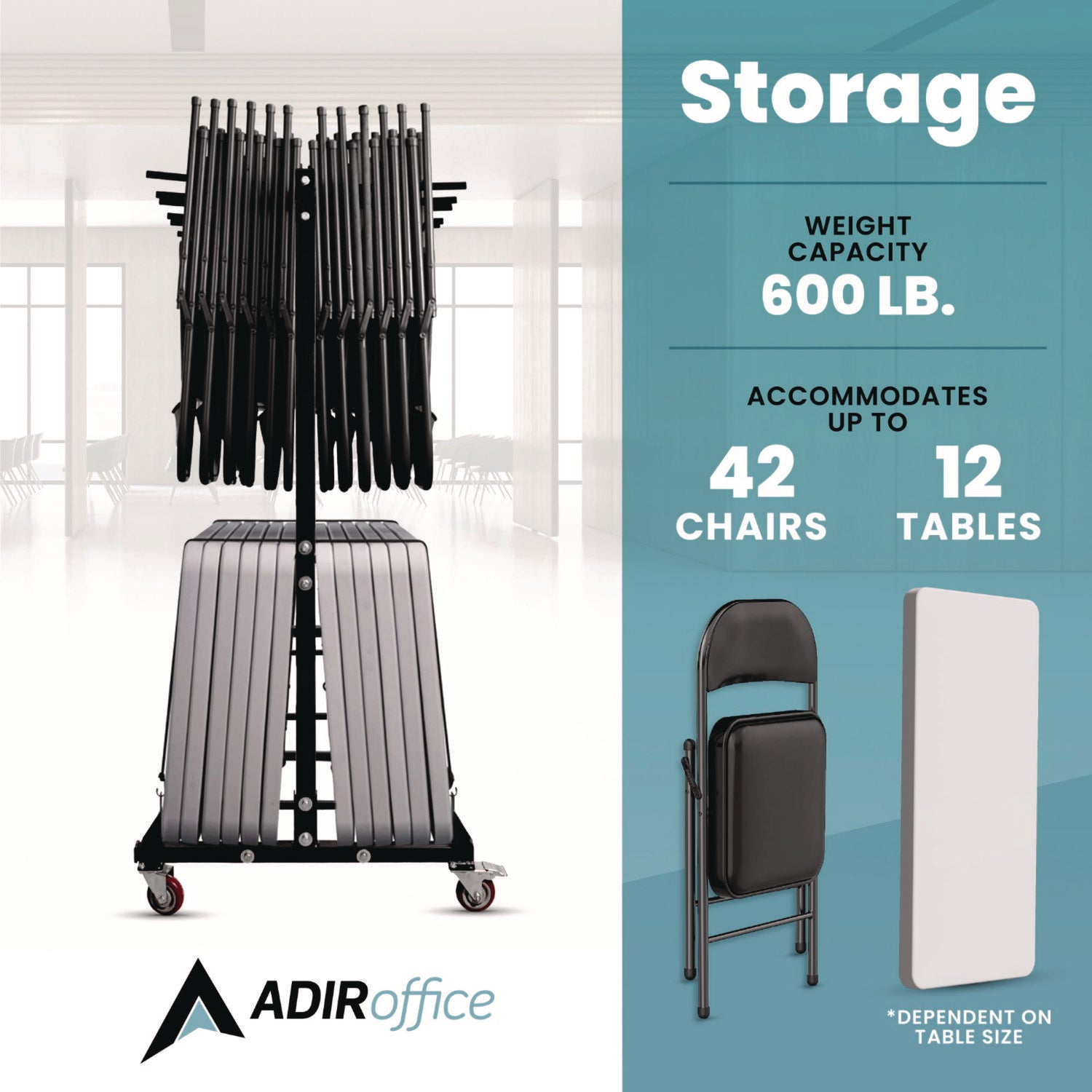 Folding Chair and Table Combo Cart, Metal, 600 lb Capacity, 33.7 x 65 x 67, Black