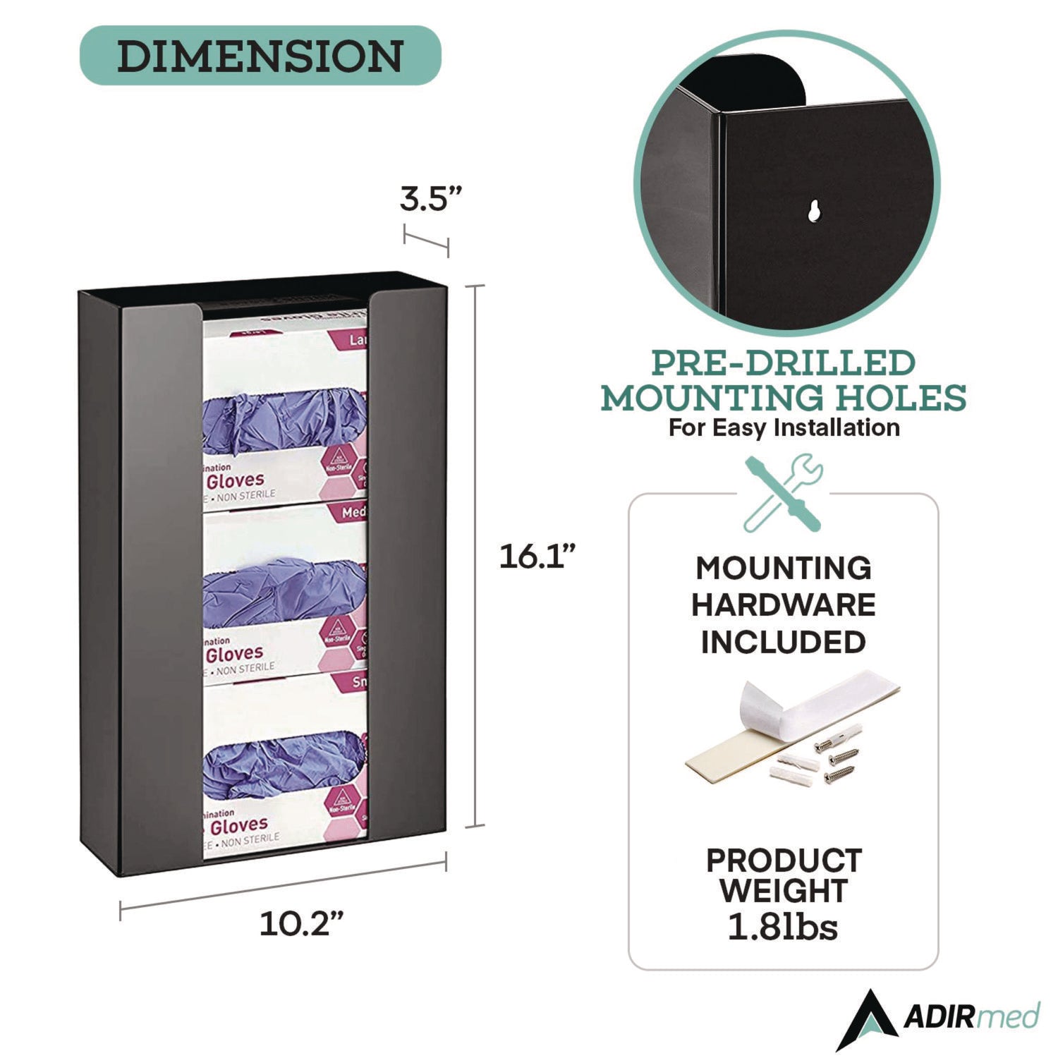Acrylic Glove Dispenser, Triple Box Capacity, 10.2 x 3.5 x 16.1, Black