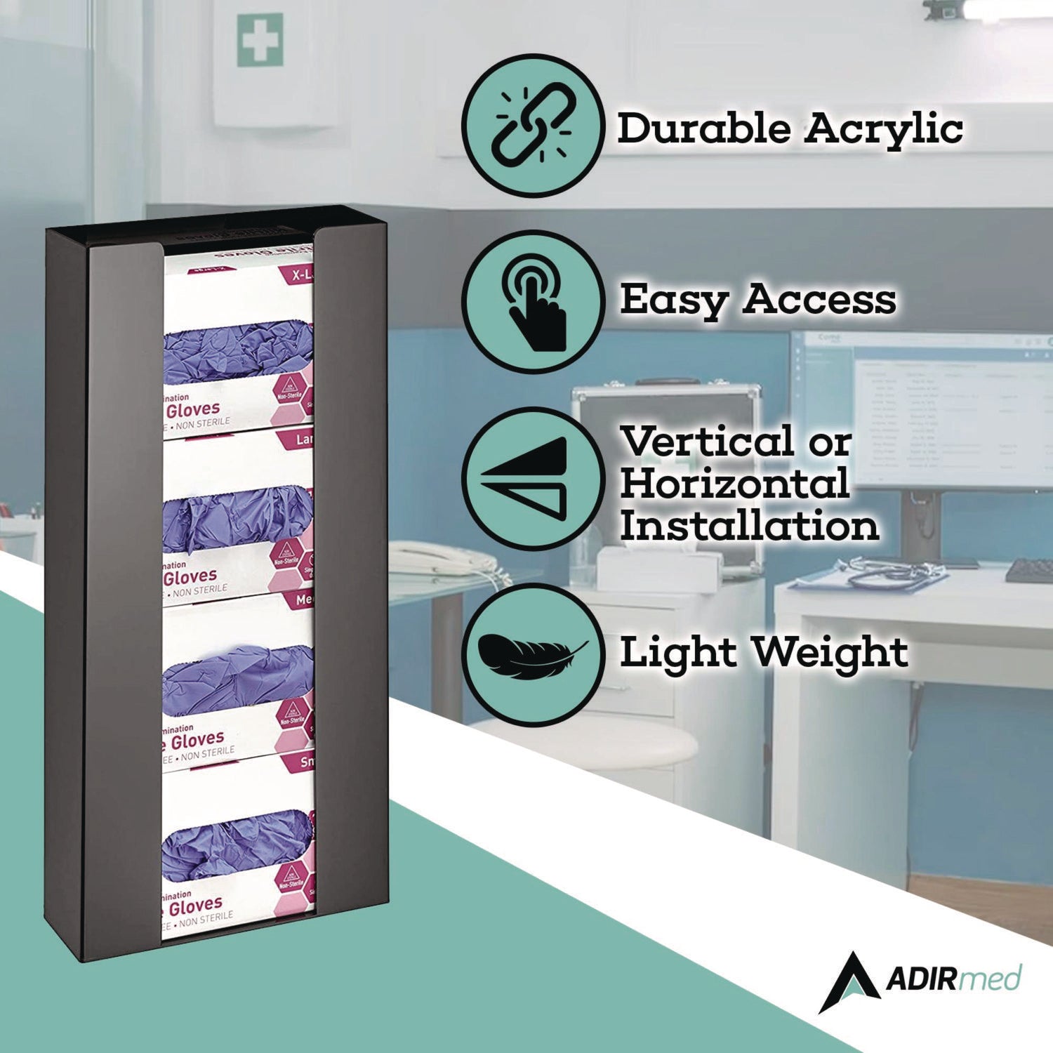 Acrylic Glove Dispenser, Quad Box Capacity, 10.2 x 3.5 x 21.1, Black