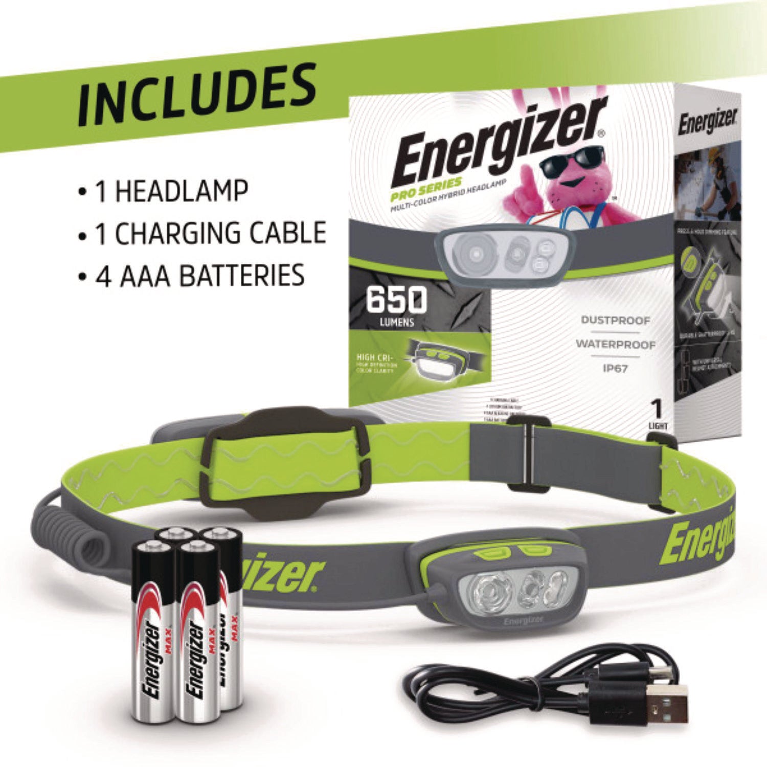 LED - 650 lm Lumen - AAA - Lithium Ion (Li-Ion) - Battery Rechargeable - Battery - Water Proof, Shatter Proof, Dust Proof - Gray, Green - 1 Each