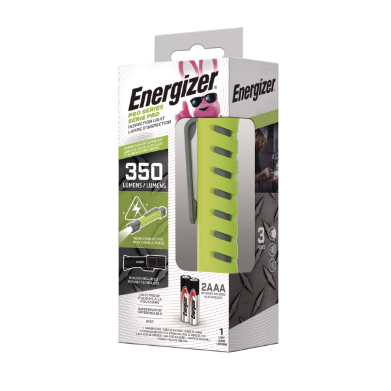 LED - 350 lm Lumen - AAA - Battery Rechargeable - Battery - Water Proof, Dust Proof - Green, Gray - 1 Each