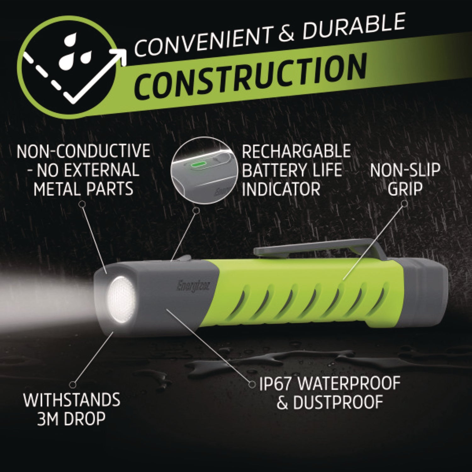 LED - 350 lm Lumen - AAA - Battery Rechargeable - Battery - Water Proof, Dust Proof - Green, Gray - 1 Each