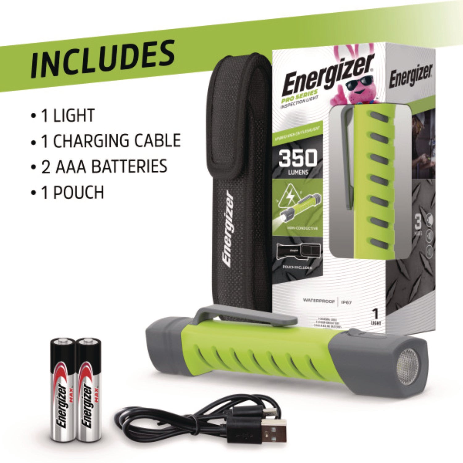 LED - 350 lm Lumen - AAA - Battery Rechargeable - Battery - Water Proof, Dust Proof - Green, Gray - 1 Each