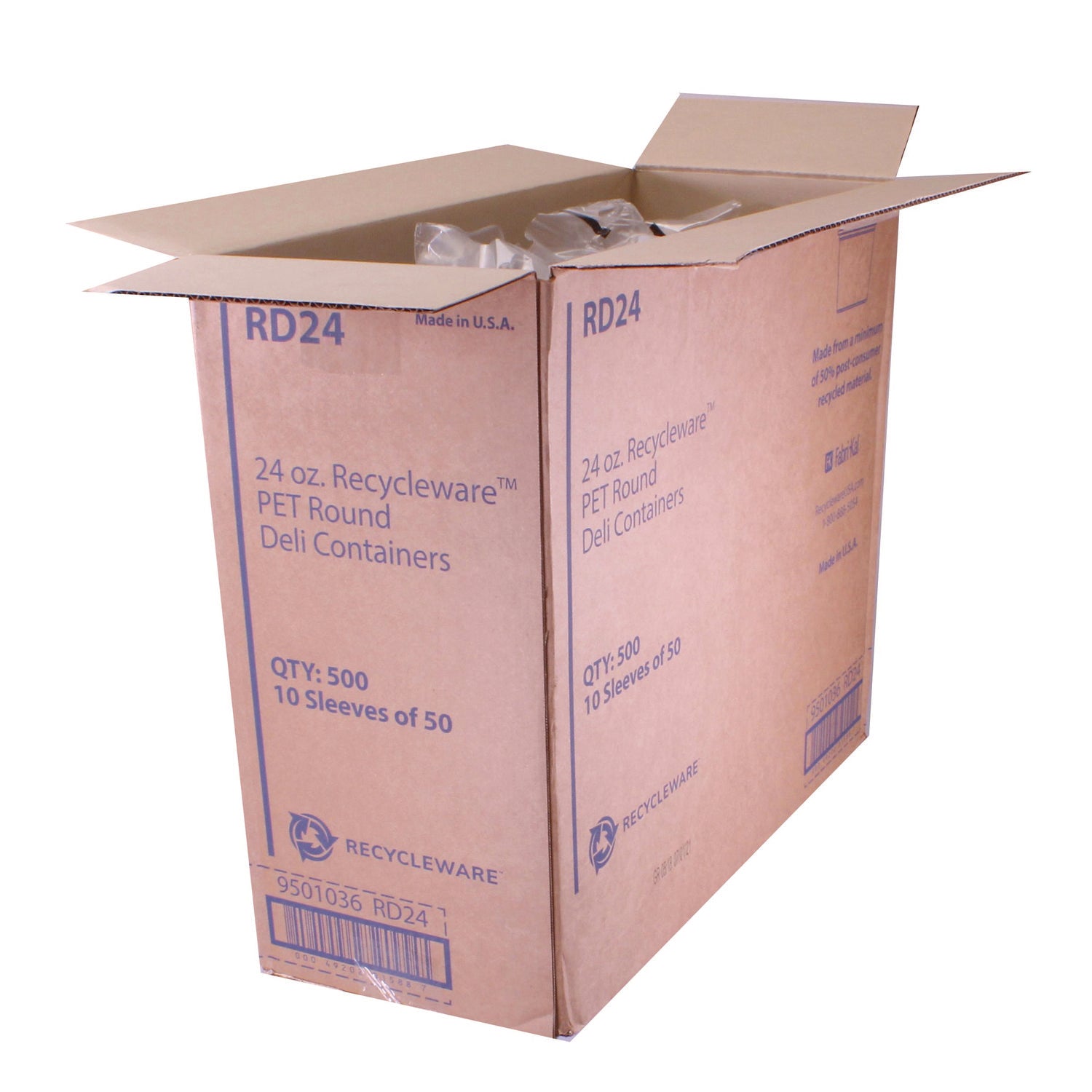 Recycleware Round Deli Container, 24 oz, 4.6" Diameter x 3.6" h, Clear, Plastic, 500/Carton