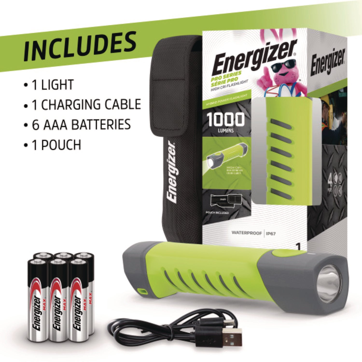 LED - 1000 lm Lumen - AAA - Battery Rechargeable - Battery - Water Proof, Dust Proof - Green, Gray - 1 Each