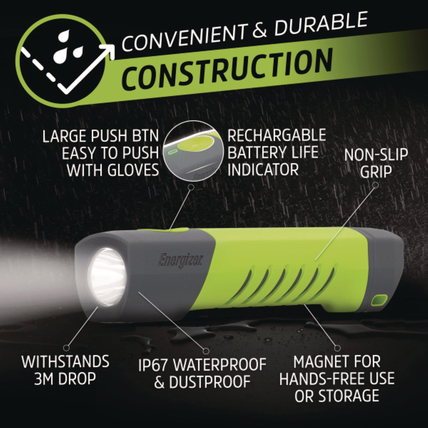 LED - 1000 lm Lumen - AAA - Battery Rechargeable - Battery - Water Proof, Dust Proof - Green, Gray - 1 Each