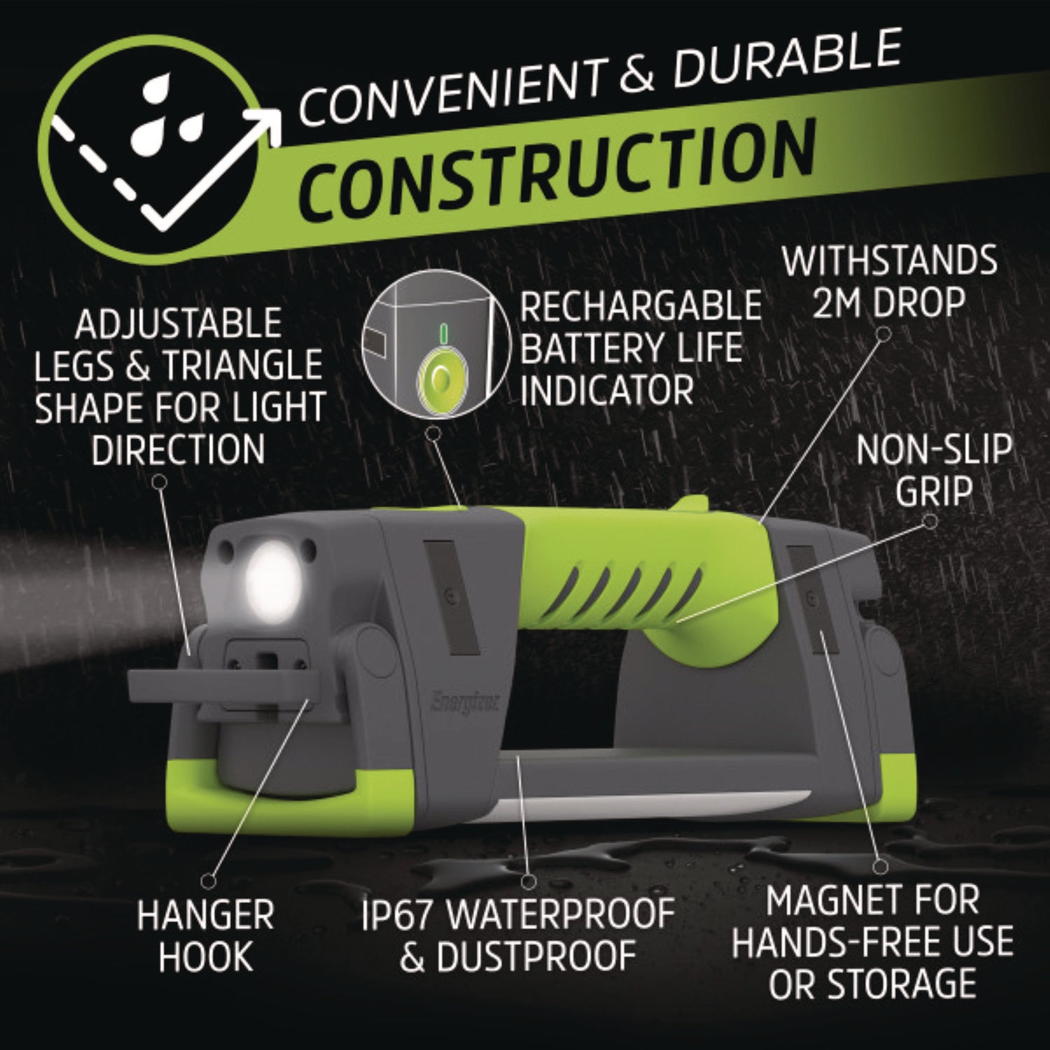 LED - 1000 lm Lumen - Battery Rechargeable - Battery - Water Proof, Dust Proof - Gray, Green - 1 Each