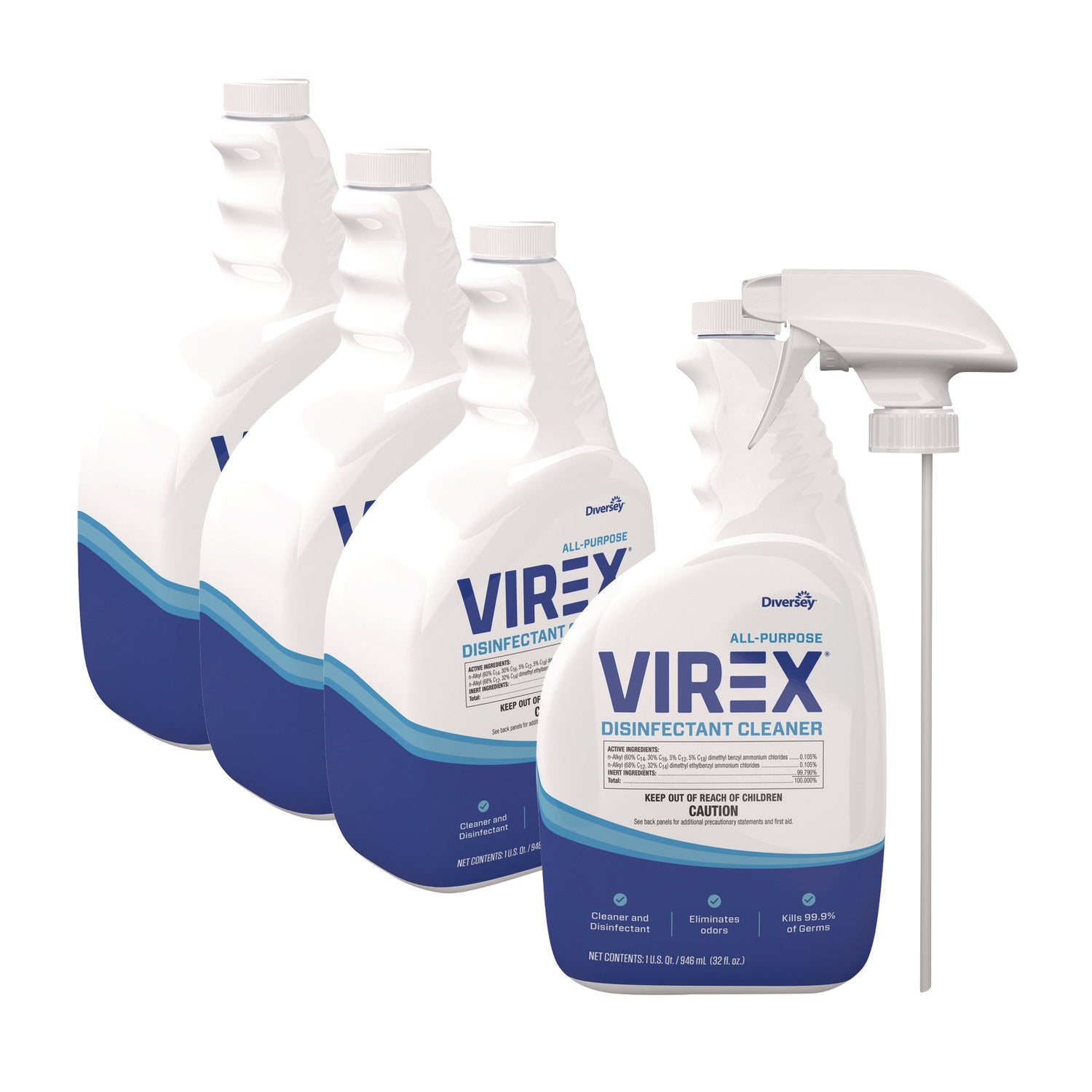 Diversey All-Purpose Virex Disinfectant Cleaner - Ready-To-Use - 32 fl oz (1 quart) - Citrus Scent - Deodorize, Odor Neutralizer - Clear Spray Bottle - 4 / Carton