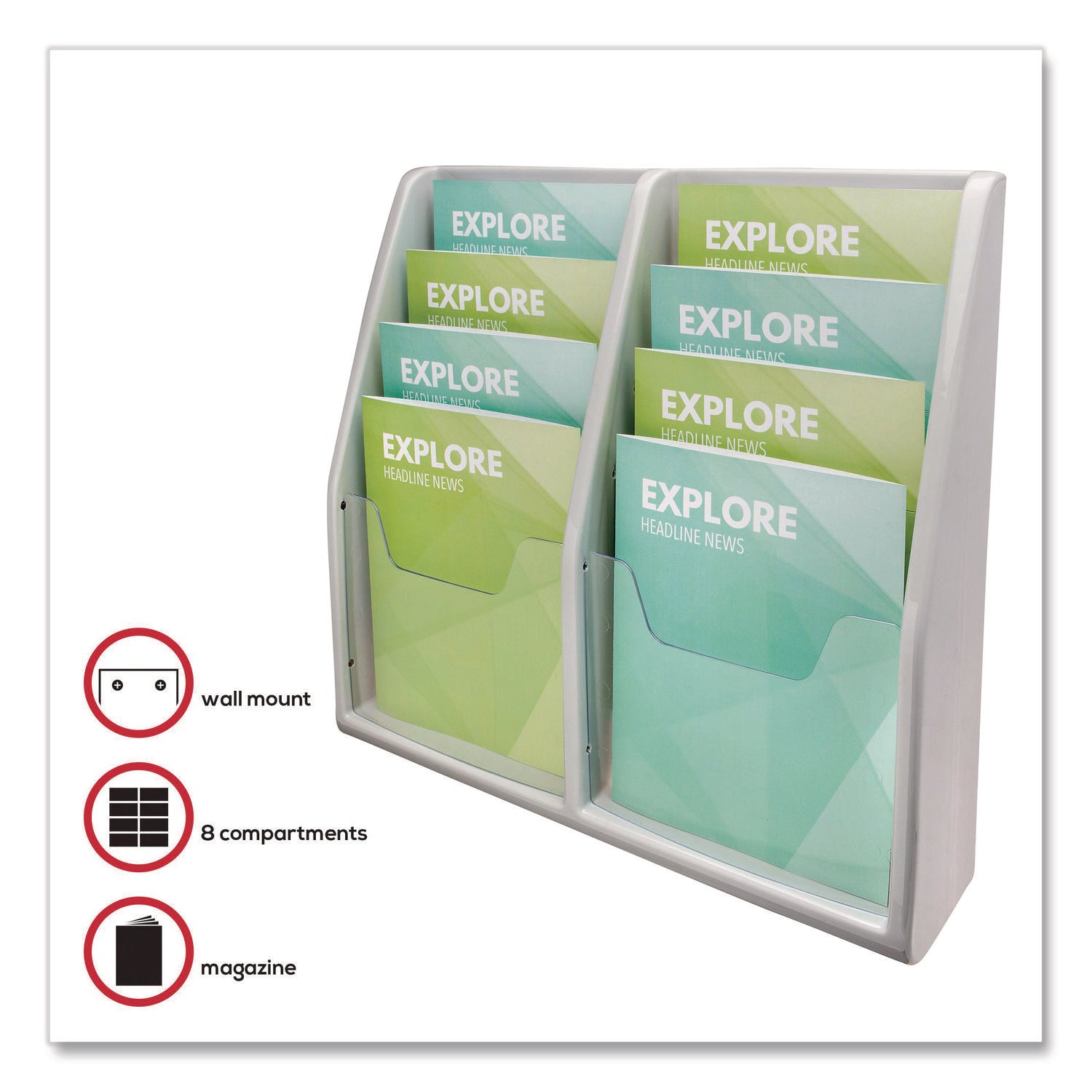 Deflecto Multi-Compartment Literature Display - 8 Pocket(s) - 19.75" Height x 20.25" Width x 5" Depth - Desktop - Durable, Lightweight - Gray - Plastic - 1 Each