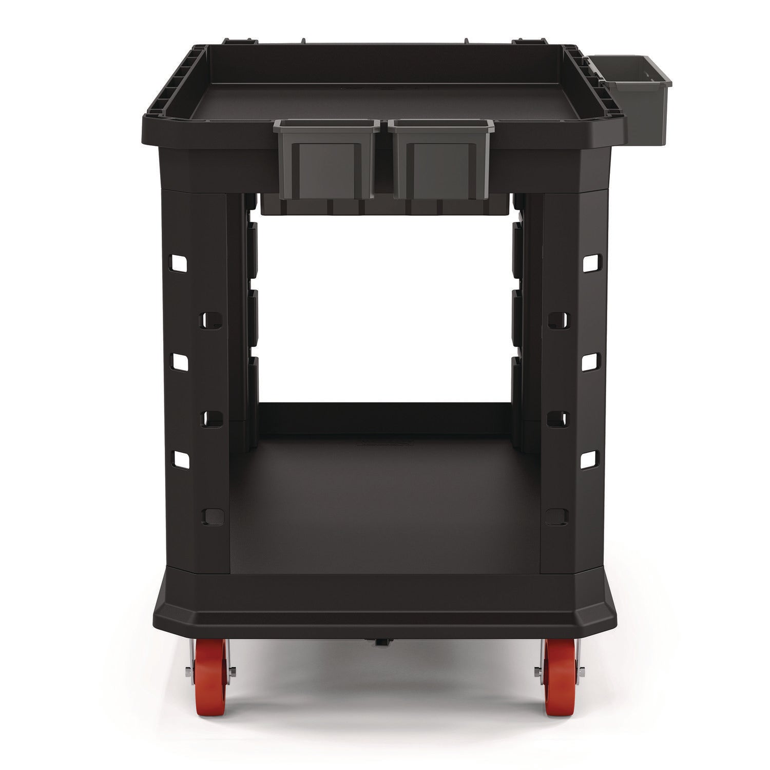 Heavy Duty Plus Utility Cart, Plastic, 2 Shelves, 6 Bins, Capacity, 26.5" x 48.78" x 34.81", Black