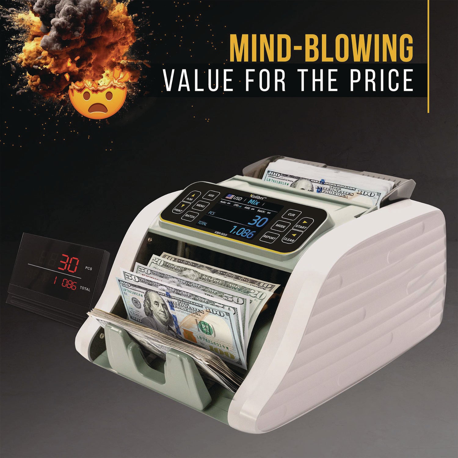 KBR-500 Mixed Denomination Bill Counter, 1,200 Bills/Min, 9.2" x 14.3" x 13", Light Gray/Black
