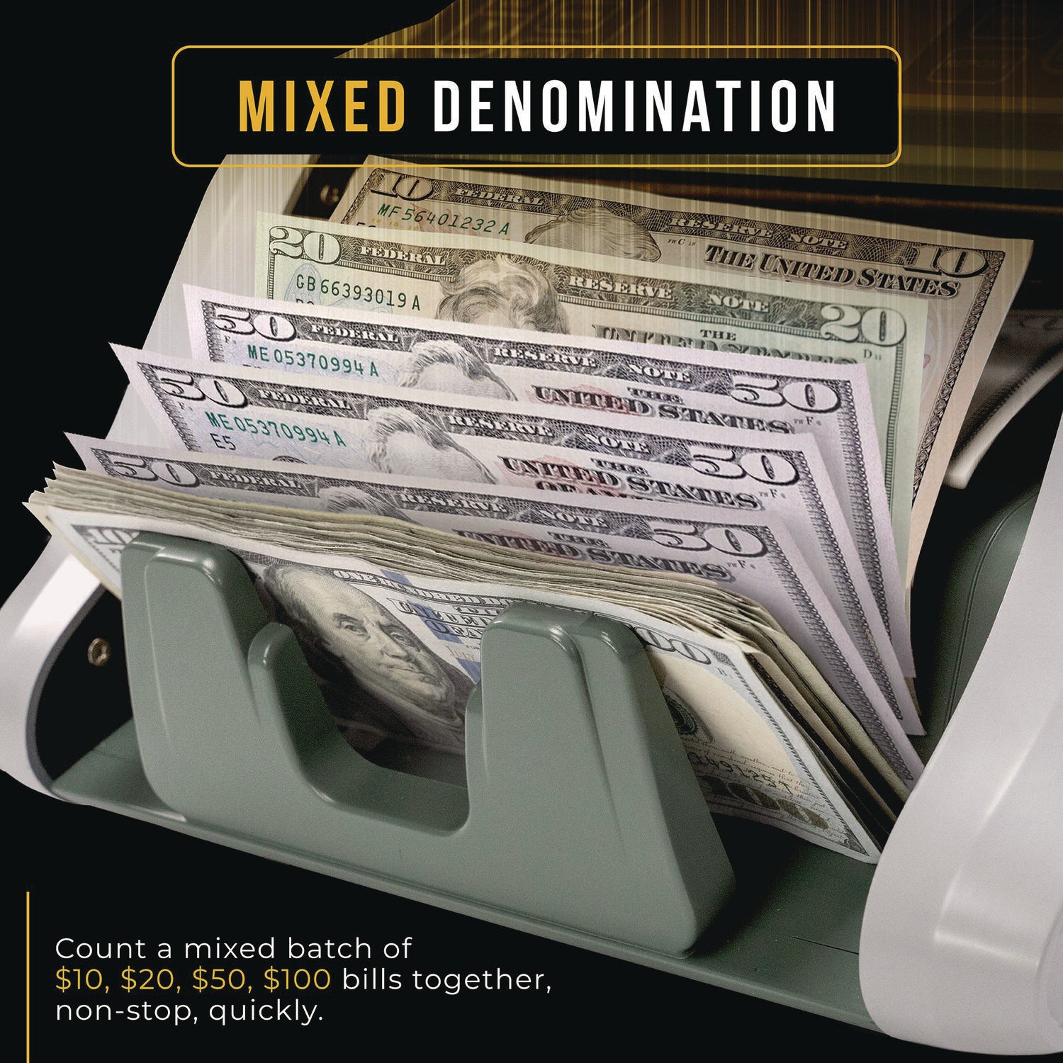 KBR-500 Mixed Denomination Bill Counter, 1,200 Bills/Min, 9.2" x 14.3" x 13", Light Gray/Black