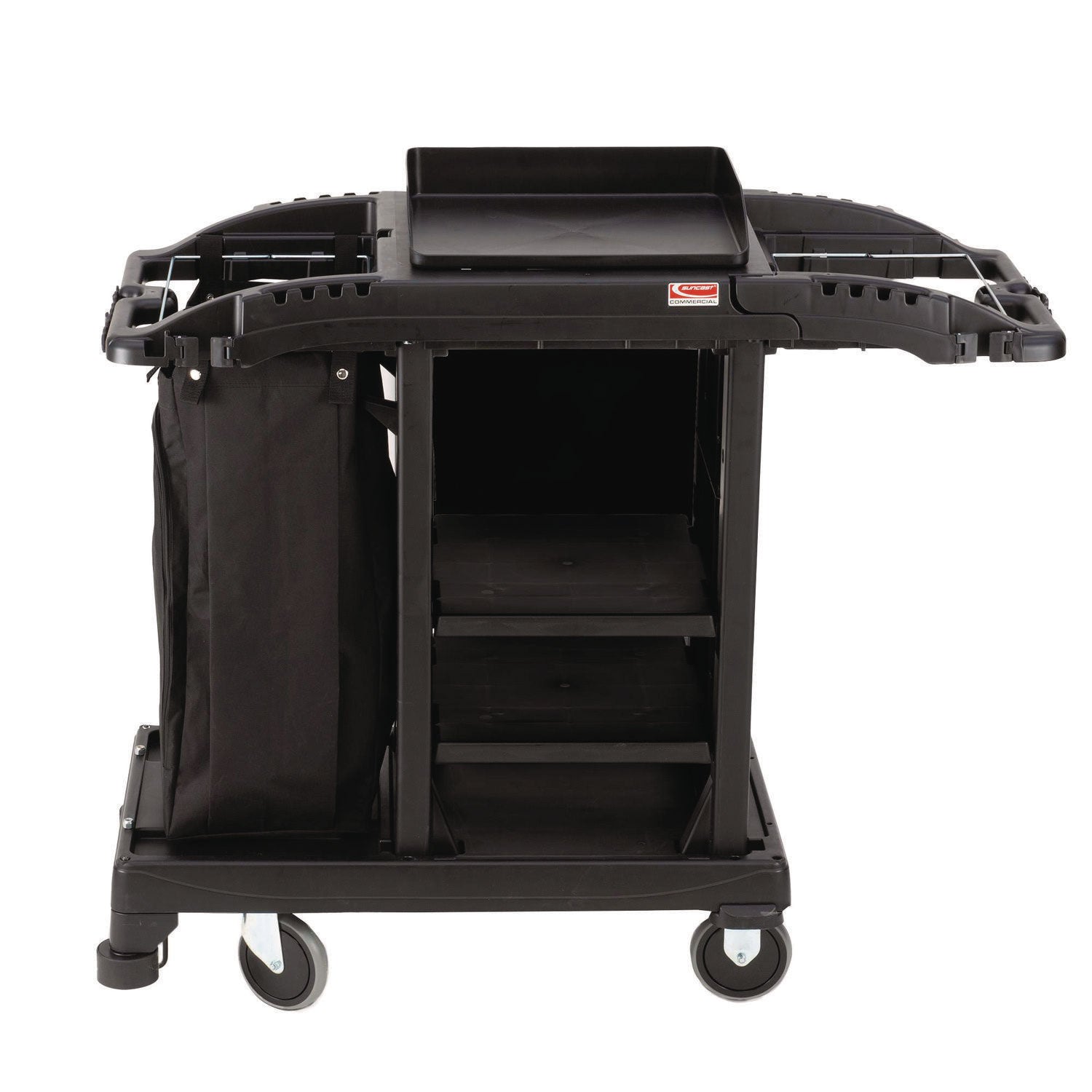 Compact Standard Housekeeping Cart, Plastic, 1 Shelf, 23.25" x 53.18" x 46.57", Black