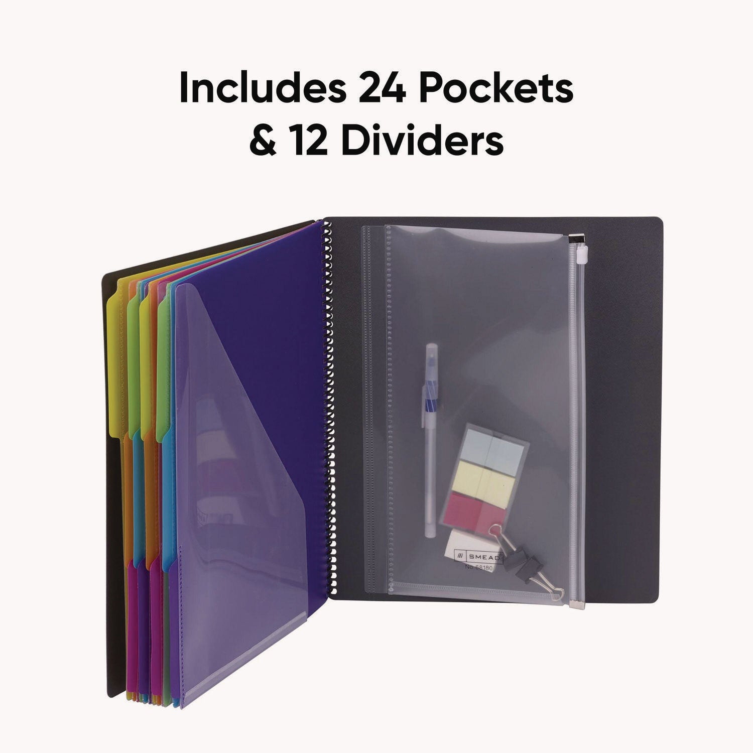 Smead 24-Pocket Poly Project Organizer, Letter Size, 1/3-Cut Assorted Tabs, 12 Dividers, Spiral Fastener, Lay Flat, Tear Proof, Water Resistant, Yellow/Pink/Lime/Blue/Purple, 1 Each