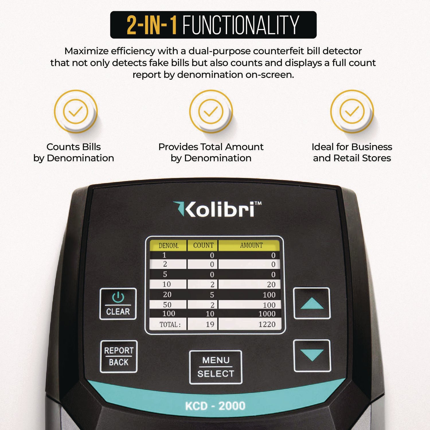 KCD-2000 Counterfeit Detector, IR Detector; Magnetic Strip Detection; UV Light, U.S. Currency, 5 x 6 x 5, Black/Gray