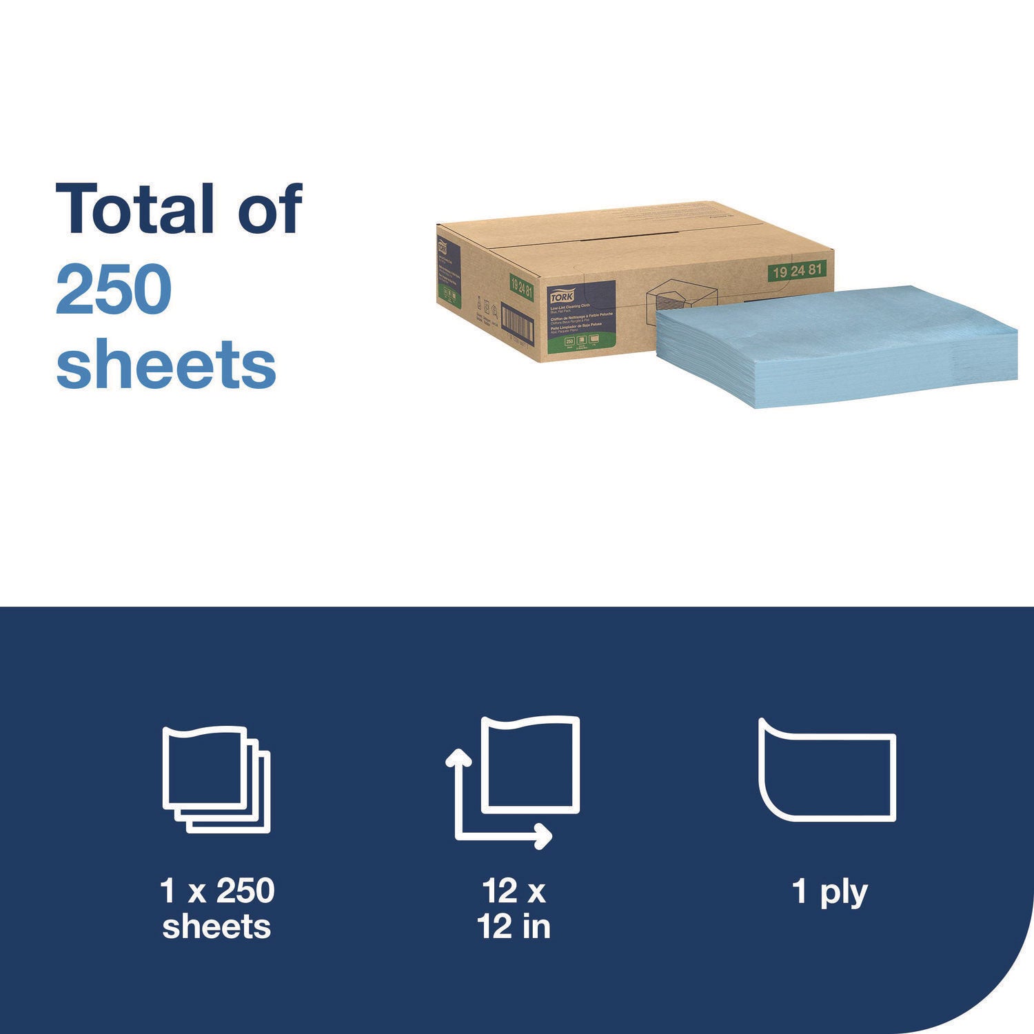 Low-Lint Cleaning Cloth, 1-Ply, 12 x 12, Blue, 250 Sheets/Carton